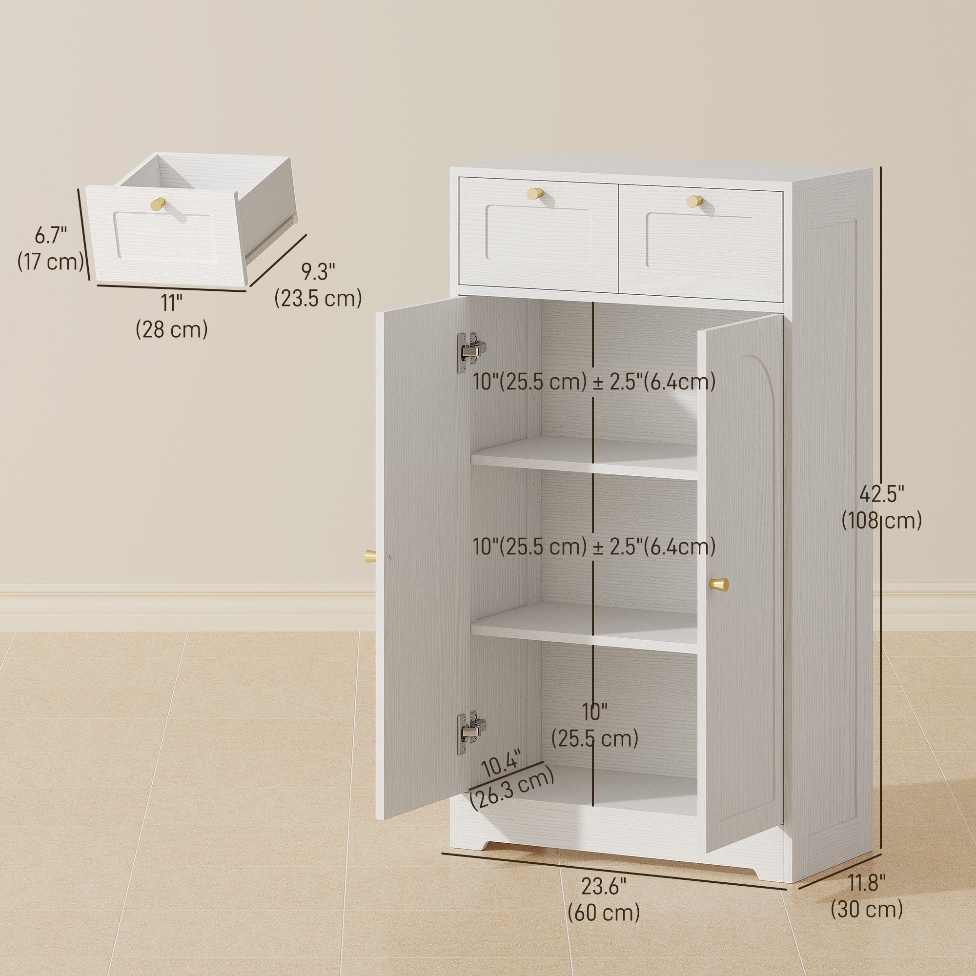 Bathroom Floor Cabinet with 2 Drawers, Freestanding Bathroom Storage Unit with Adjustable Shelf and Arched Doors, White