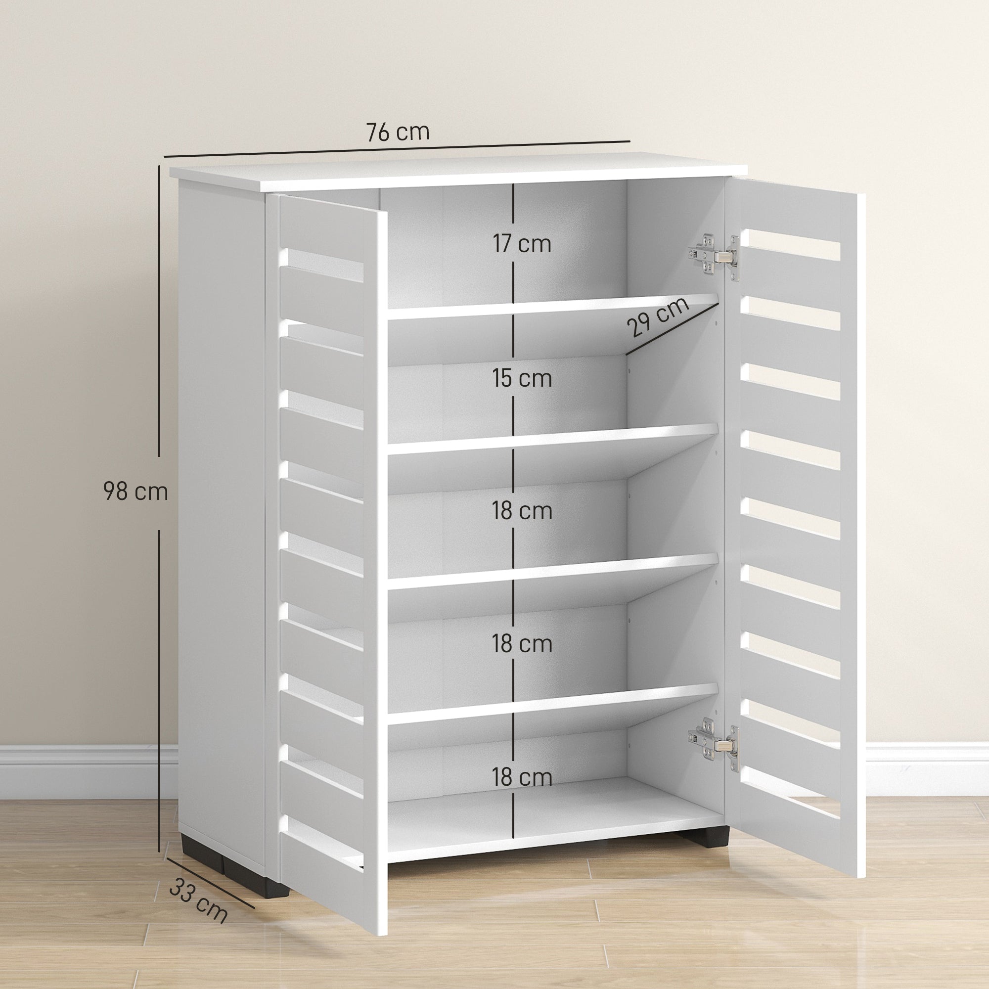 Narrow Shoe Cabinet for Entryway, 5-Tier Slim Shoe Storage Cabinet with 2 Slatted Doors and Adjustable Shelves for 15 Pairs, White