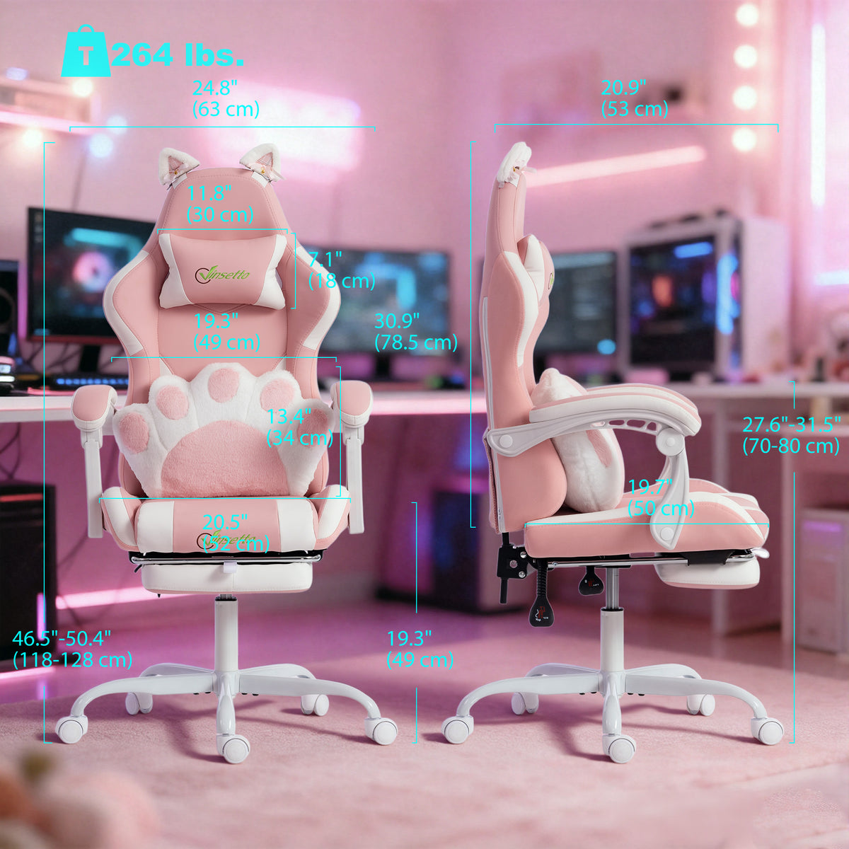 Cute Gaming Chair with Cat Ears, Ergonomic Gamer Computer Chair with Lumbar Support, Footrest, Headrest, High Back, Reclining, Swivel, Faux Leather for Office, Women, Pink