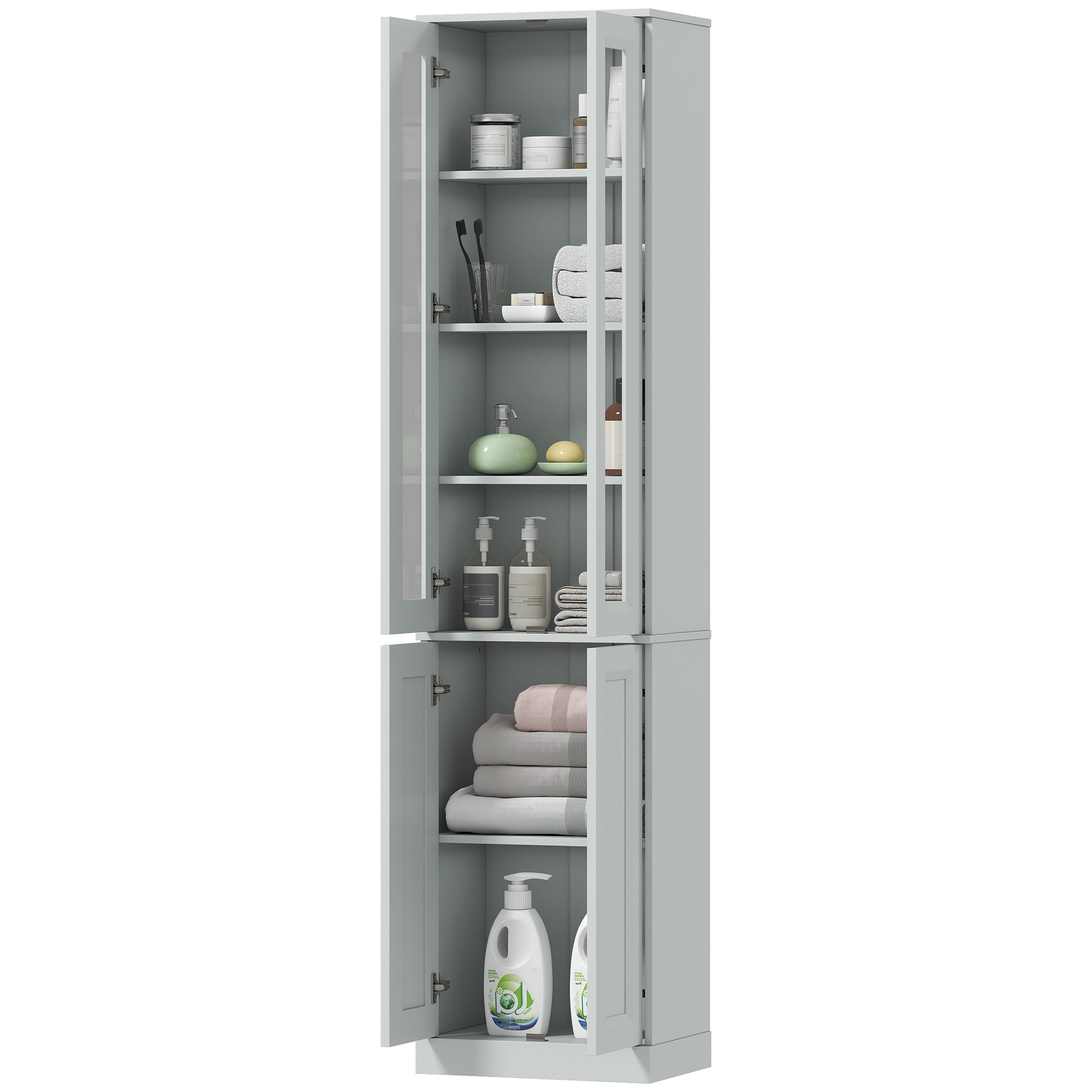 Tall Bathroom Storage Cabinet, 6-Tier Slim Freestanding Bathroom Cabinet with Adjustable Shelf, 4 Soft-Close Doors, Storage Unit for Small Space, 38 x 26 x 160 cm, Dusty Blue