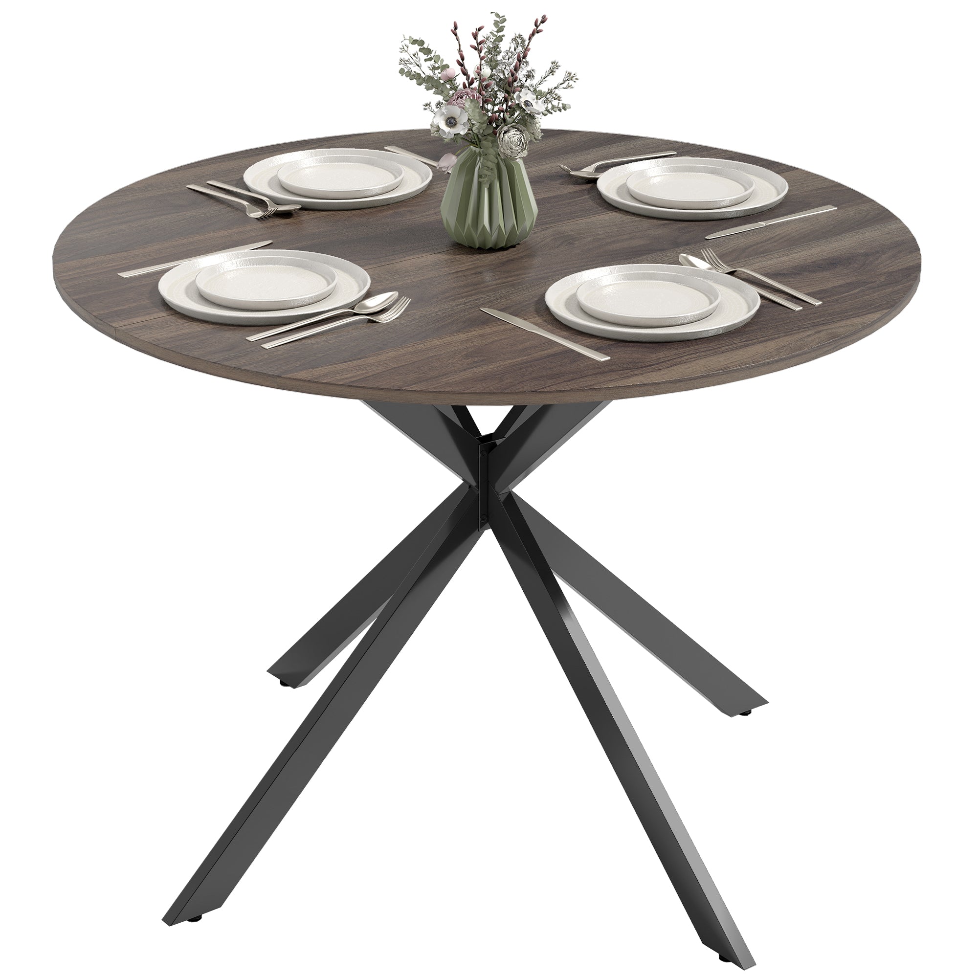 Round Dining Table for 4, 40" Industrial Kitchen Table with Steel Legs for Dining Room, Distressed Brown