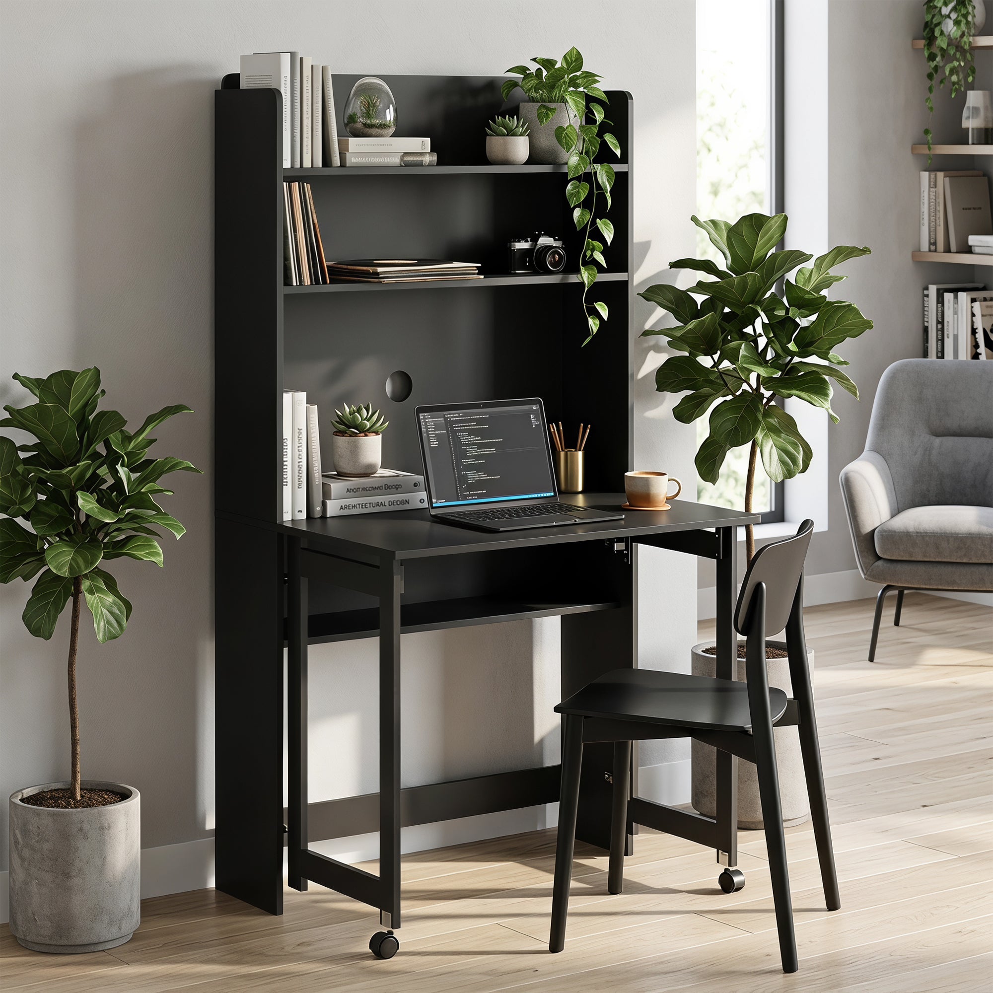 Computer Desk with Storage Shelves, Foldable Desktop with 2 Wheels, Study Table Workstation for Bedroom, Living Room and Home Office, 80 x 69 x 155 cm, Black