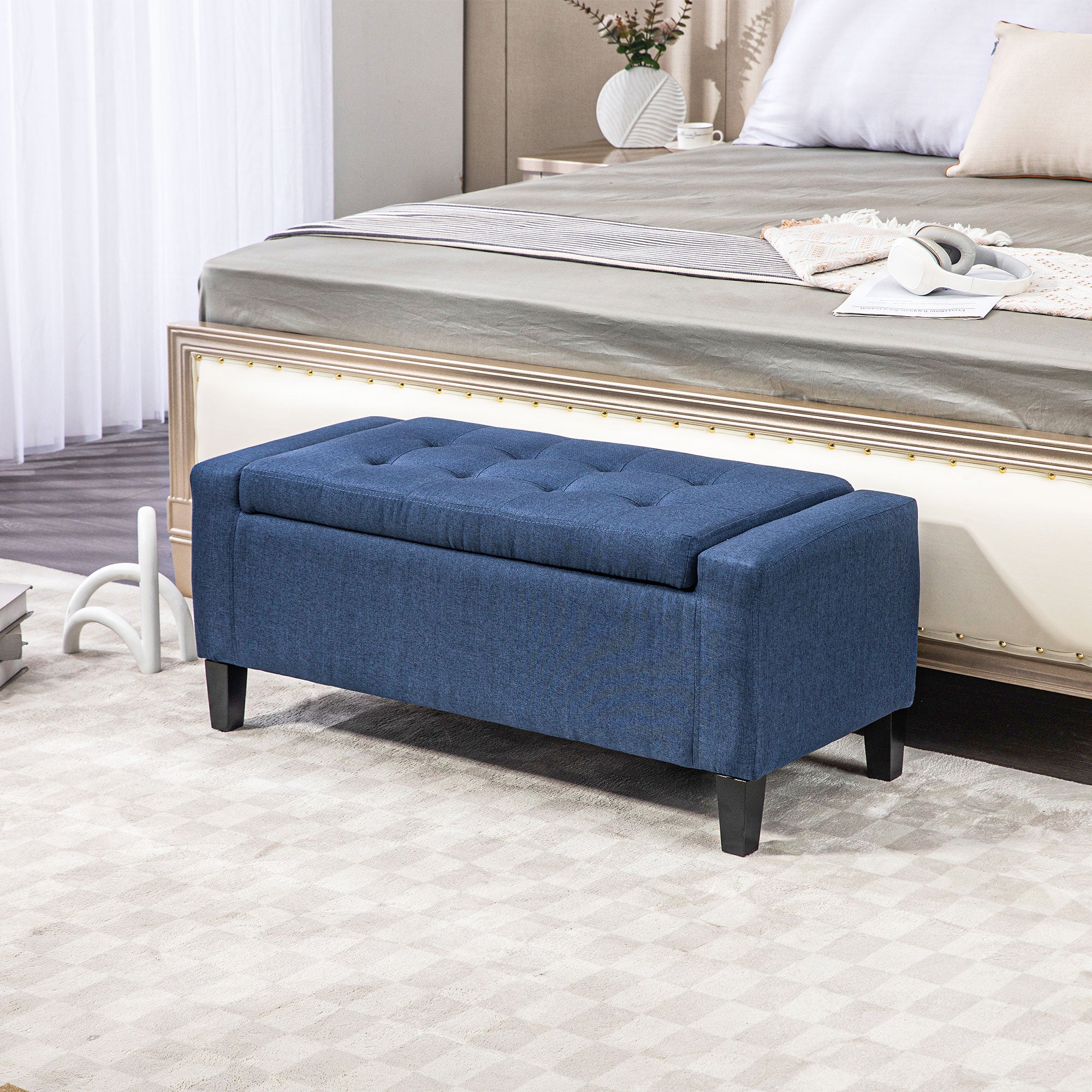 Upholstered Storage Ottoman Bench with Hidden Storage & Lift Top, Dark Blue