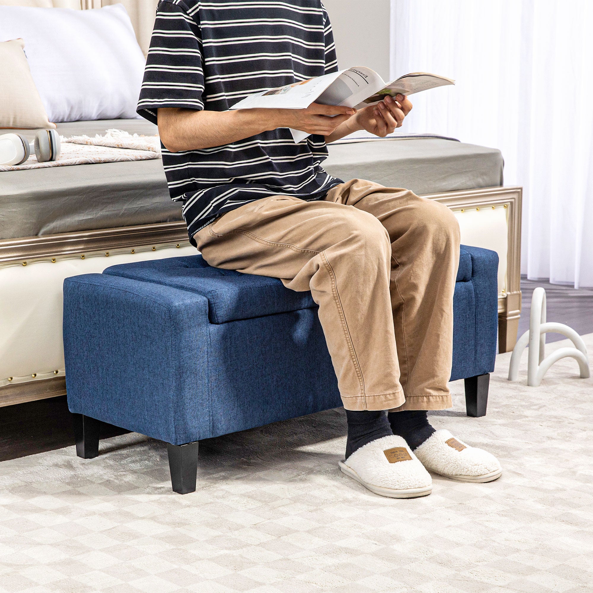 Upholstered Storage Ottoman Bench with Hidden Storage & Lift Top, Dark Blue