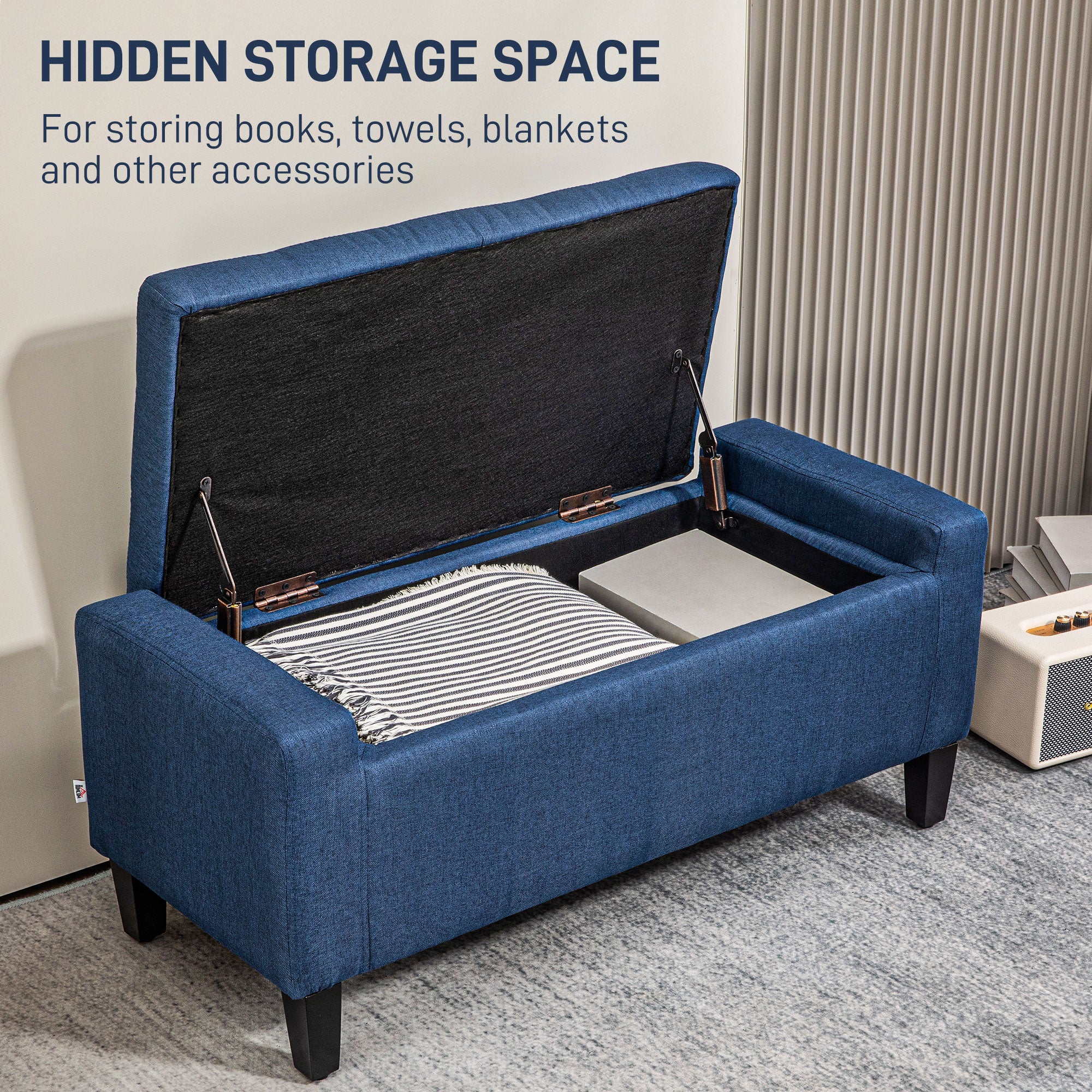 Upholstered Storage Ottoman Bench with Hidden Storage & Lift Top, Dark Blue