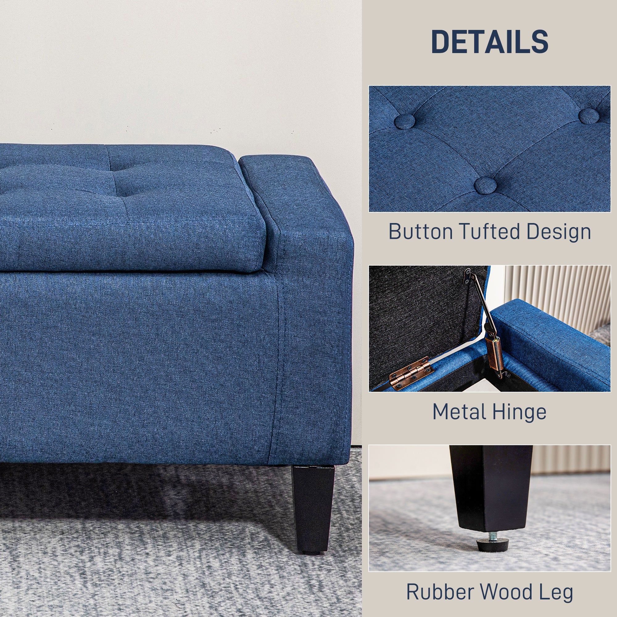 Upholstered Storage Ottoman Bench with Hidden Storage & Lift Top, Dark Blue
