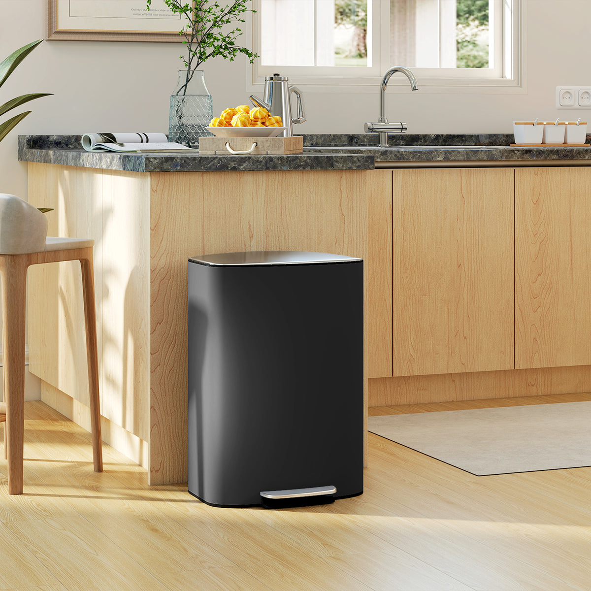 13.2-Gallon Garbage Can, Fingerprint-proof Kitchen Trash Can with Soft-close Lid, Foot Pedal and Stainless Steel Lid, Modern Garbage Bin for Living Room, Home Office, Black