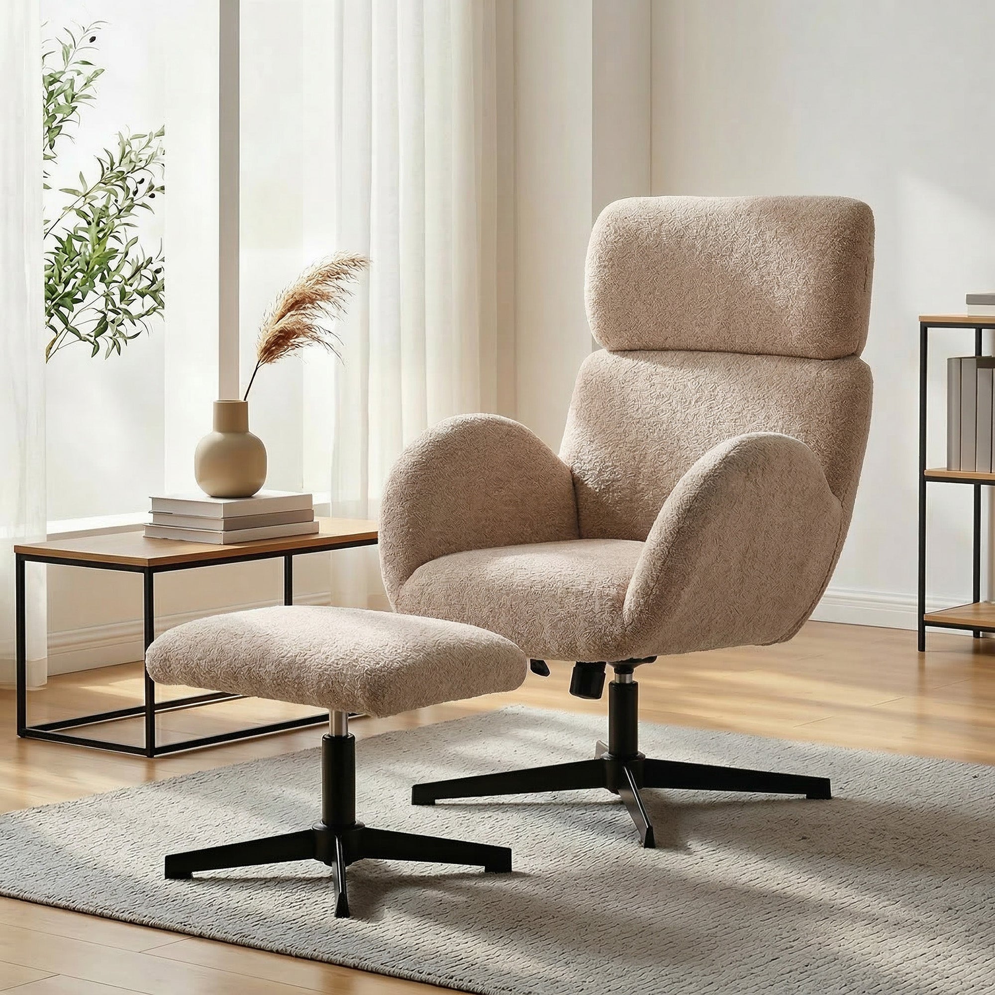 Swivel Armchair and Footstool Set, Raindrop Velvet Height Adjustable Accent Chair with Adjustable Headrest, Rocking Function, Wide Back, Modern Lounge Chair for Living Room, Light Brown