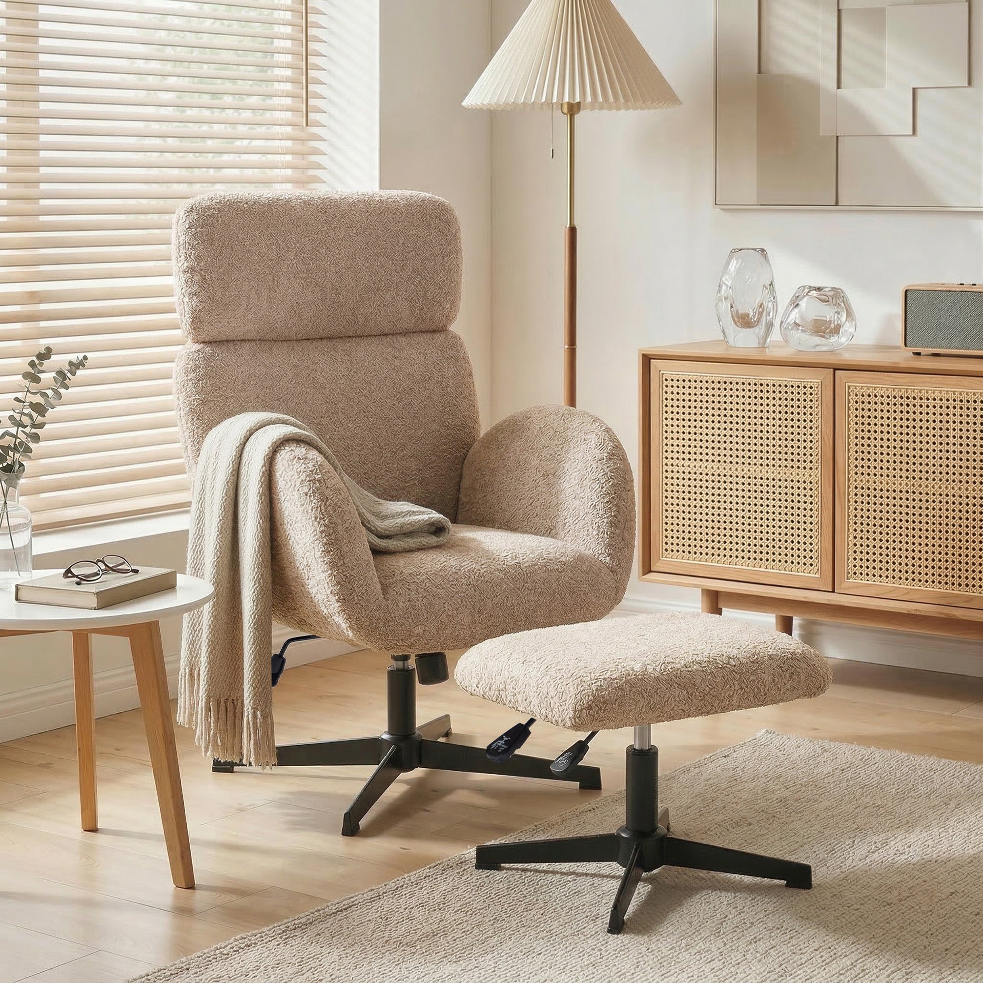 Swivel Armchair and Footstool Set, Raindrop Velvet Height Adjustable Accent Chair with Adjustable Headrest, Rocking Function, Wide Back, Modern Lounge Chair for Living Room, Light Brown