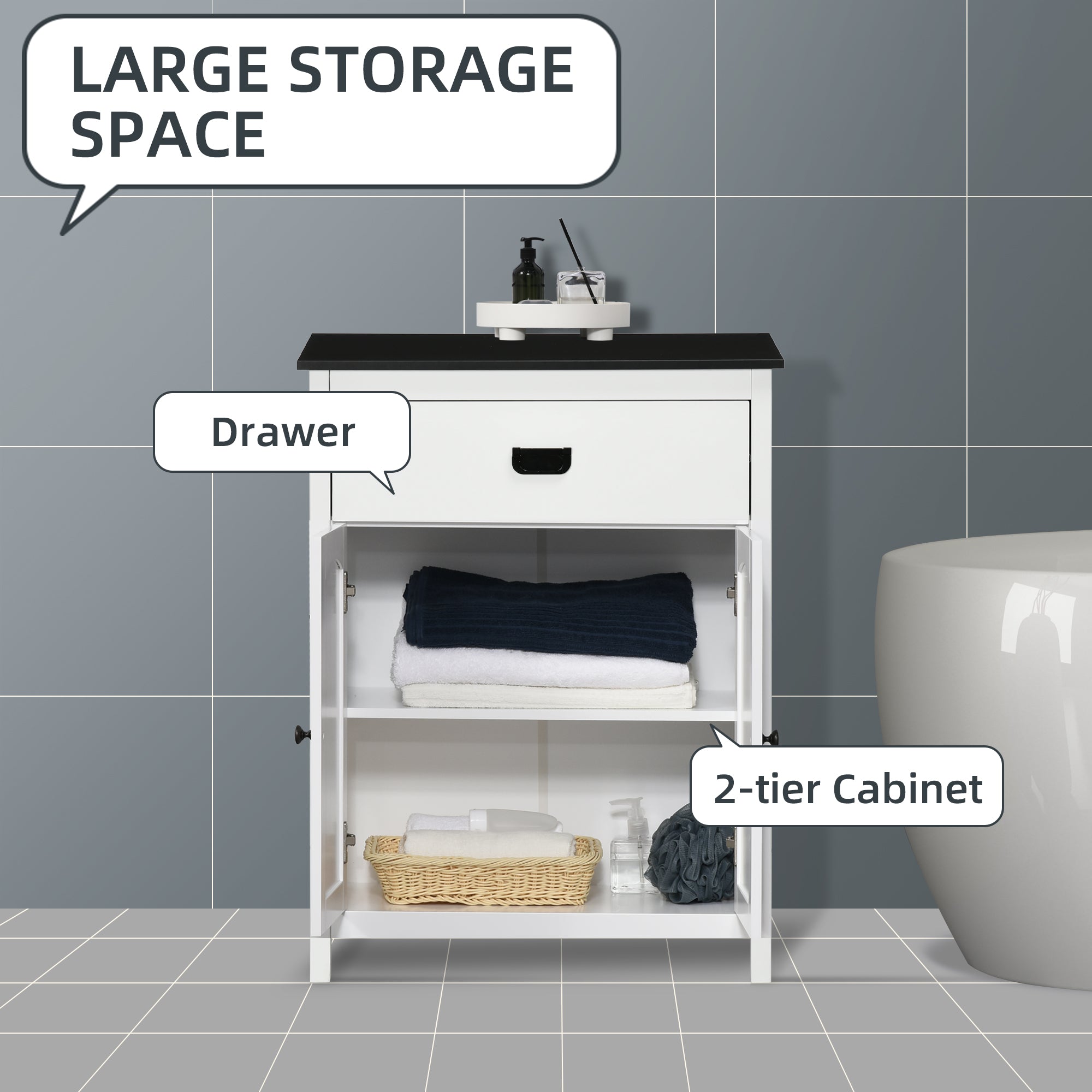 kleankin Bathroom Floor Cabinet with Drawer, Freestanding Storage Organizer with Double Doors, Adjustable Shelf for Living Room, White