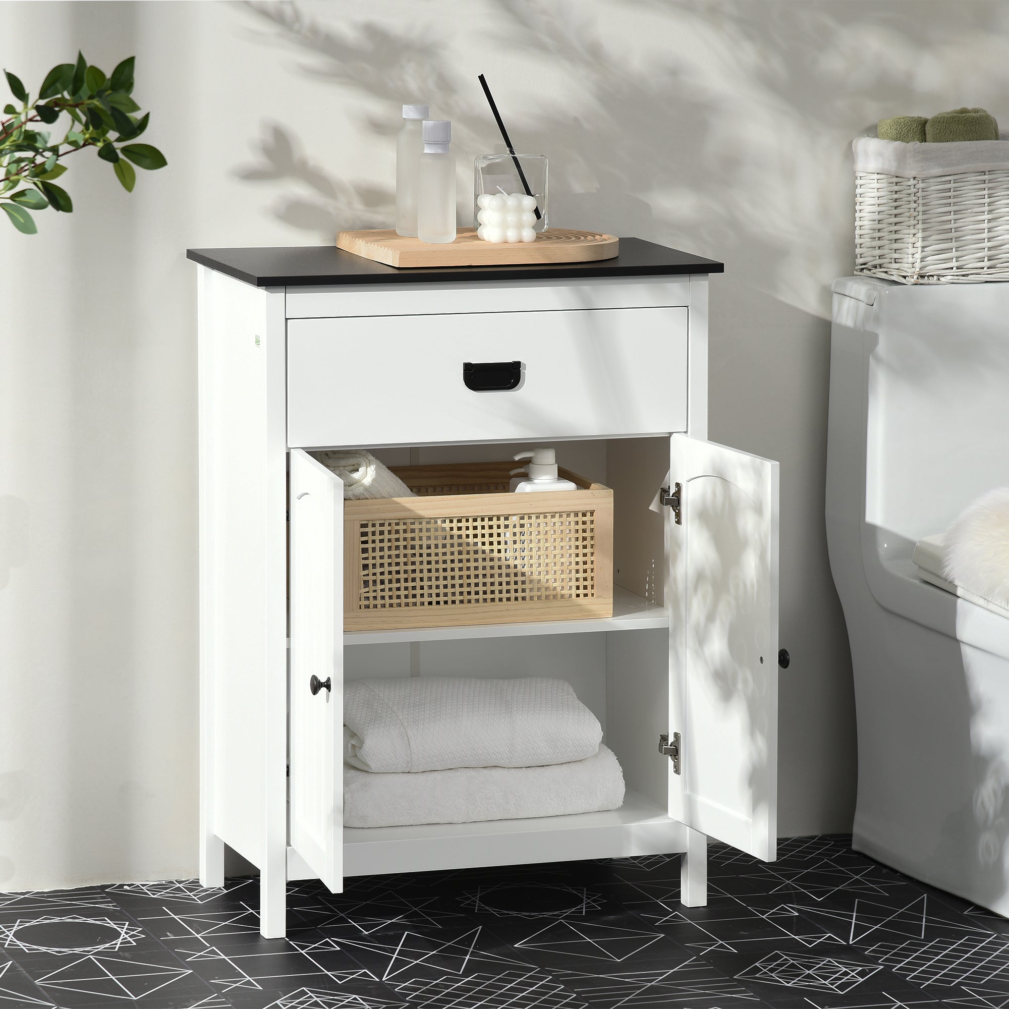 kleankin Bathroom Floor Cabinet with Drawer, Freestanding Storage Organizer with Double Doors, Adjustable Shelf for Living Room, White