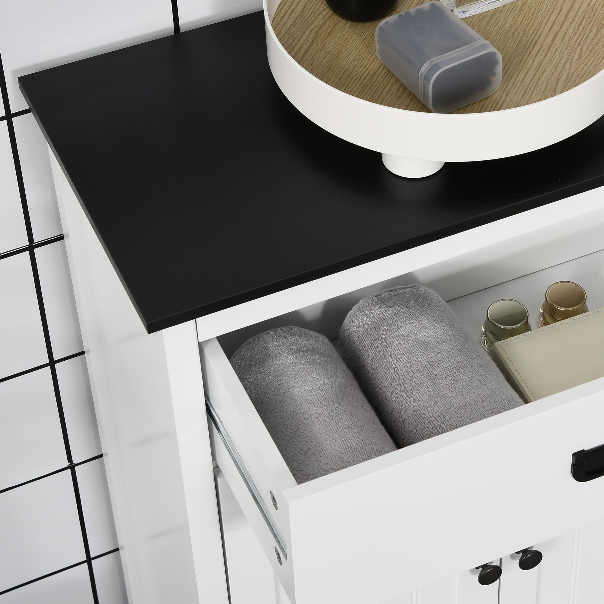kleankin Bathroom Floor Cabinet with Drawer, Freestanding Storage Organizer with Double Doors, Adjustable Shelf for Living Room, White