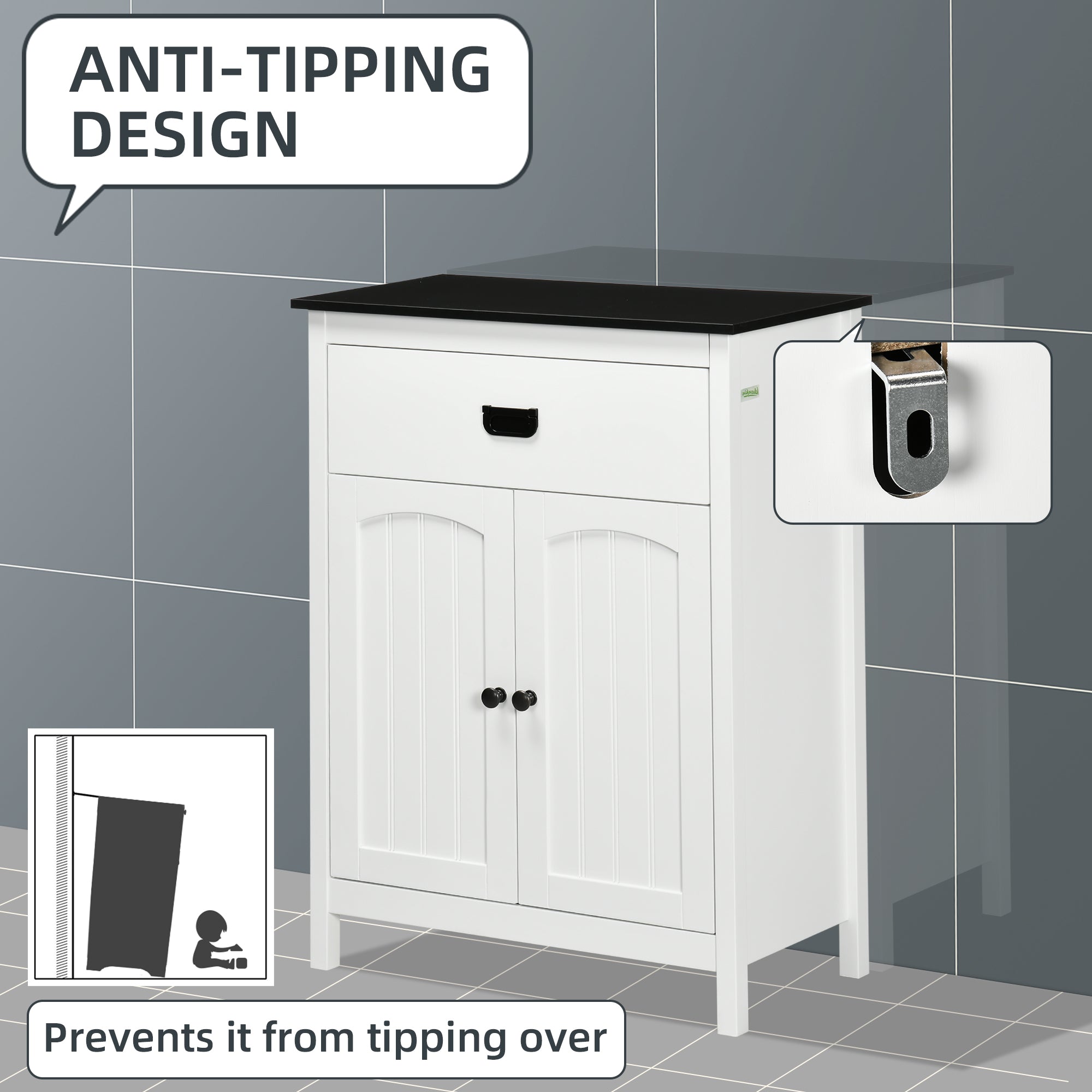 kleankin Bathroom Floor Cabinet with Drawer, Freestanding Storage Organizer with Double Doors, Adjustable Shelf for Living Room, White
