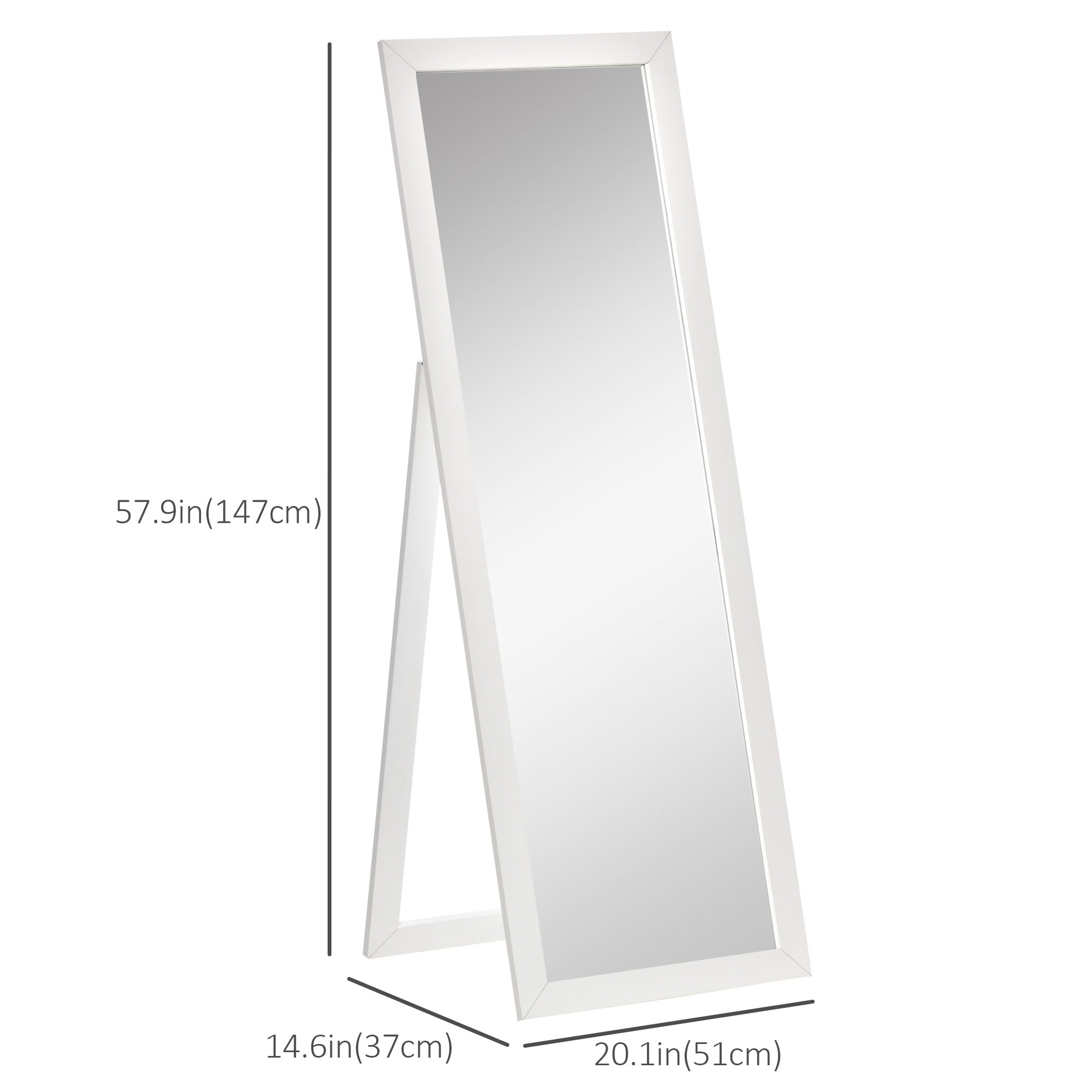 HOMCOM 58" x 20" Full Length Mirror, Floor Standing Mirror, Rectangular Full Body Mirror for Bedroom, Living Room, White
