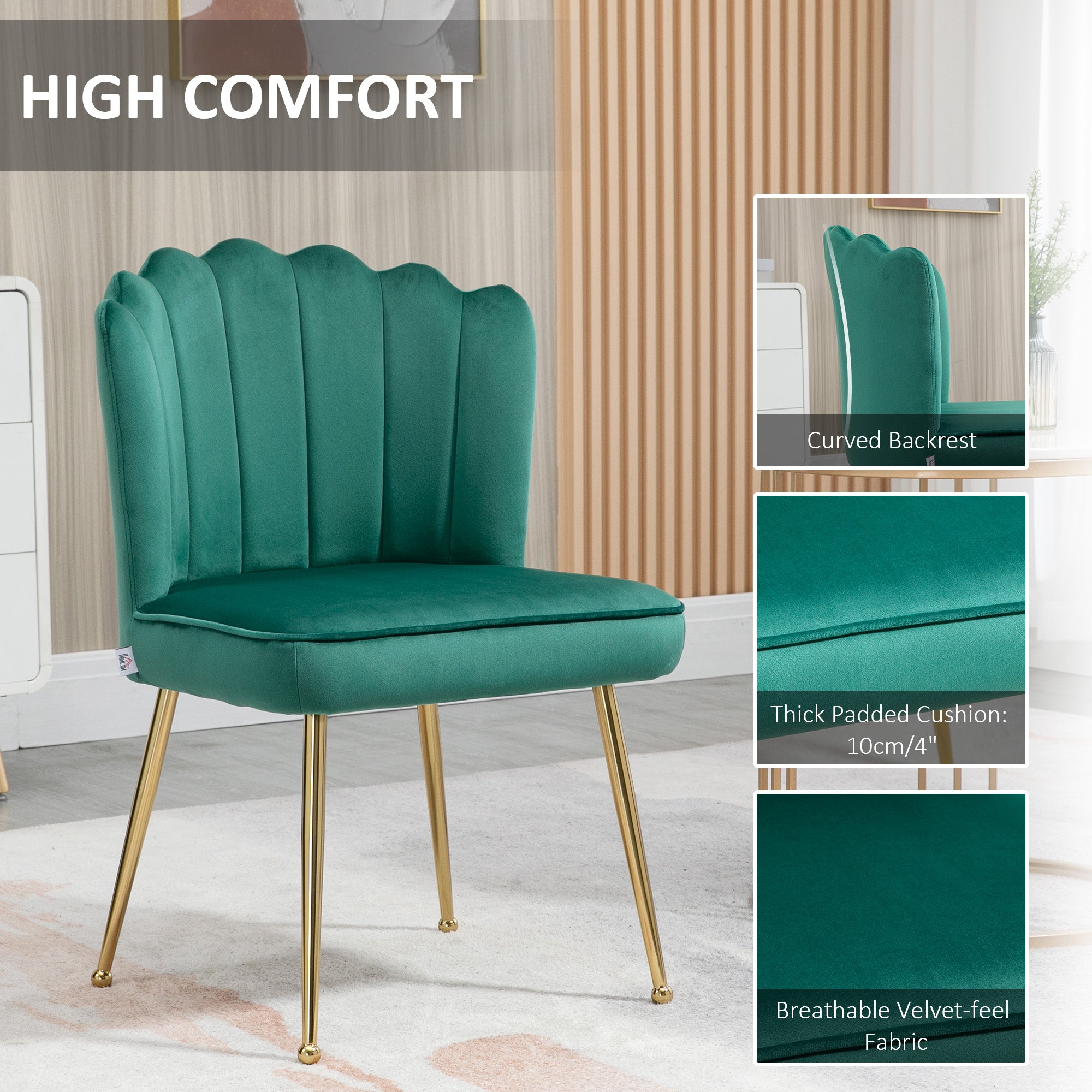 HOMCOM Shell Luxe Velvet Accent Chair with Gold-tone Metal Legs, Modern Vanity Chair for Living Room, Bedroom, Home Office, Green