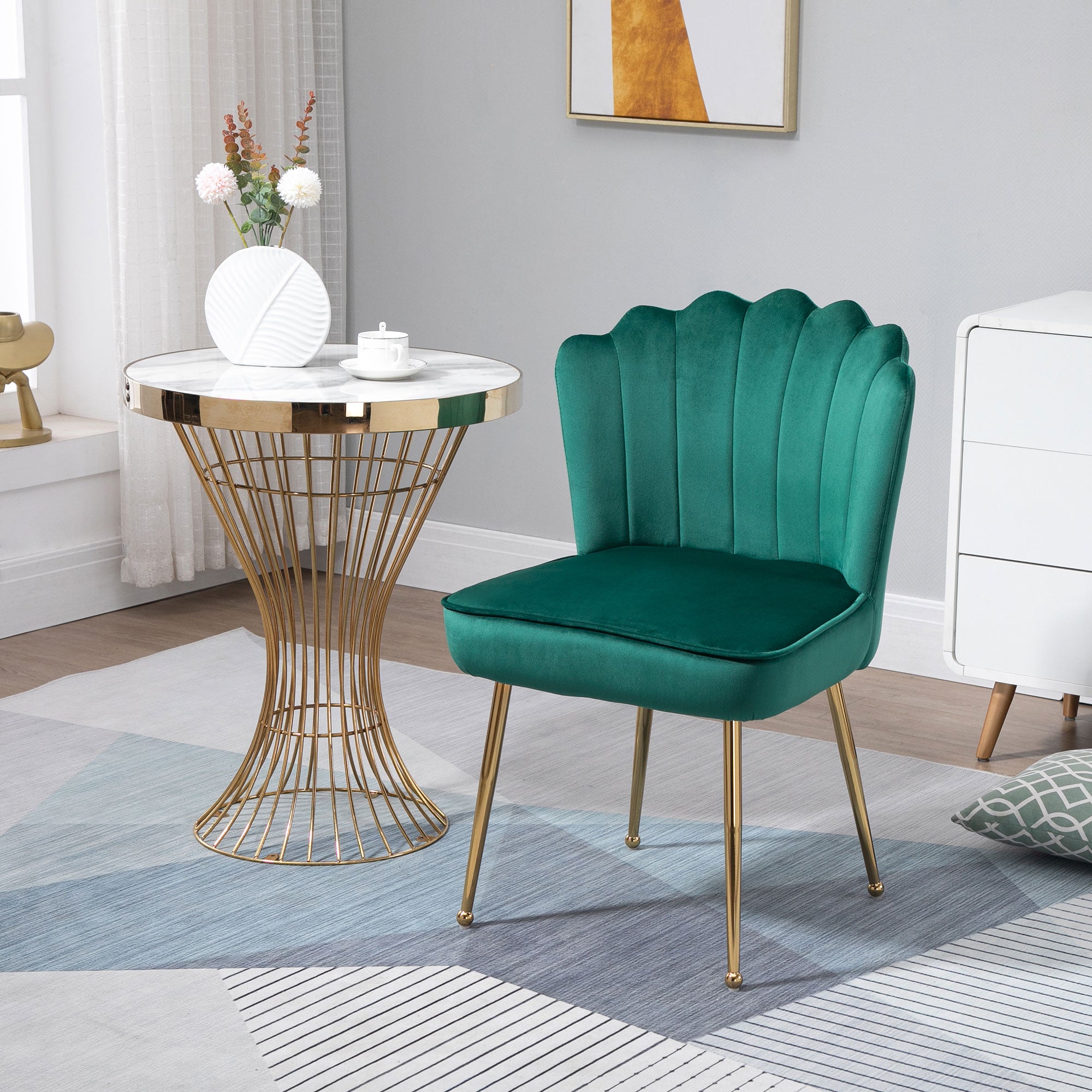 HOMCOM Shell Luxe Velvet Accent Chair with Gold-tone Metal Legs, Modern Vanity Chair for Living Room, Bedroom, Home Office, Green
