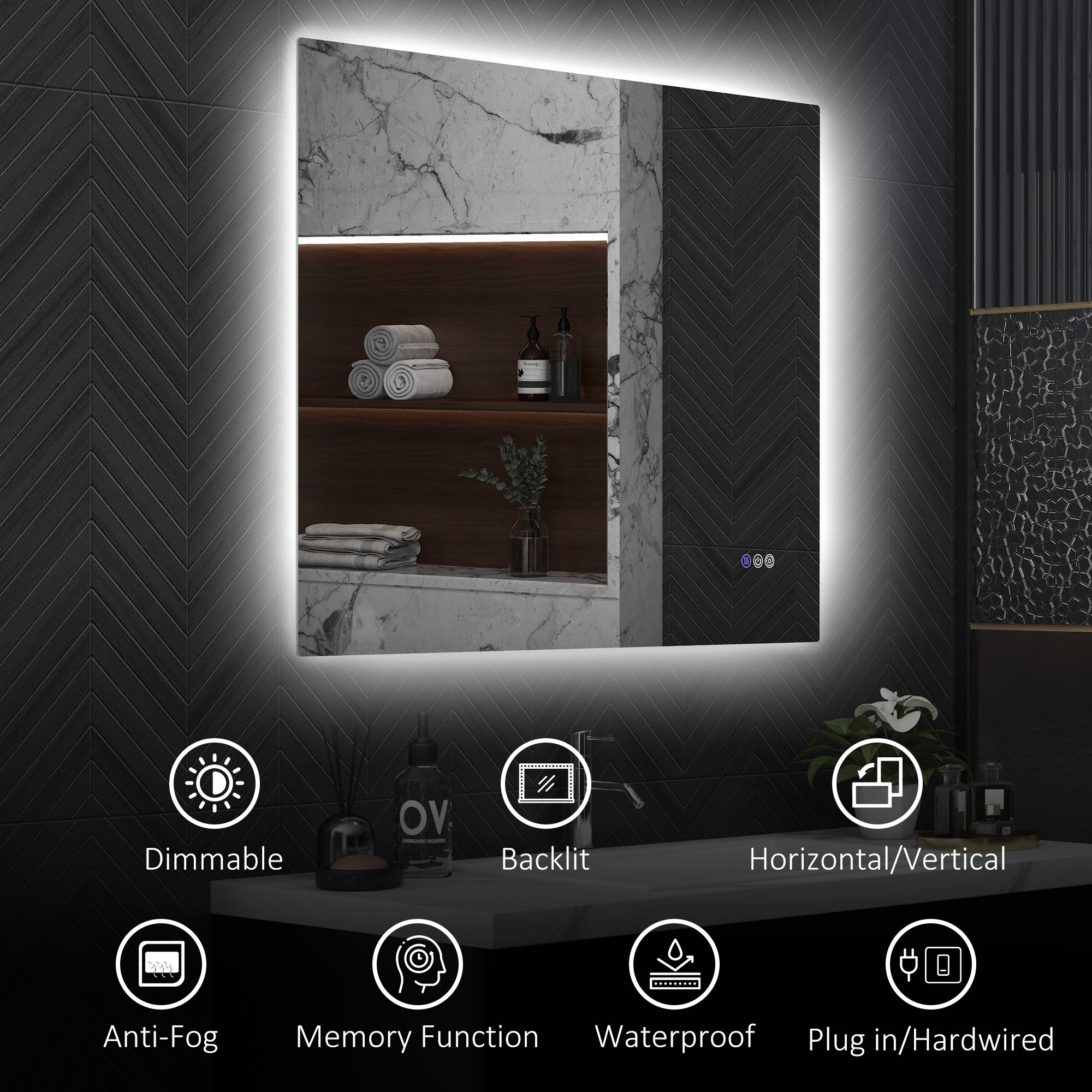 39" x 32" Dimmable Backlit LED Bathroom Mirror w/ Anti-Fog, Memory, Infinite Color Temperature