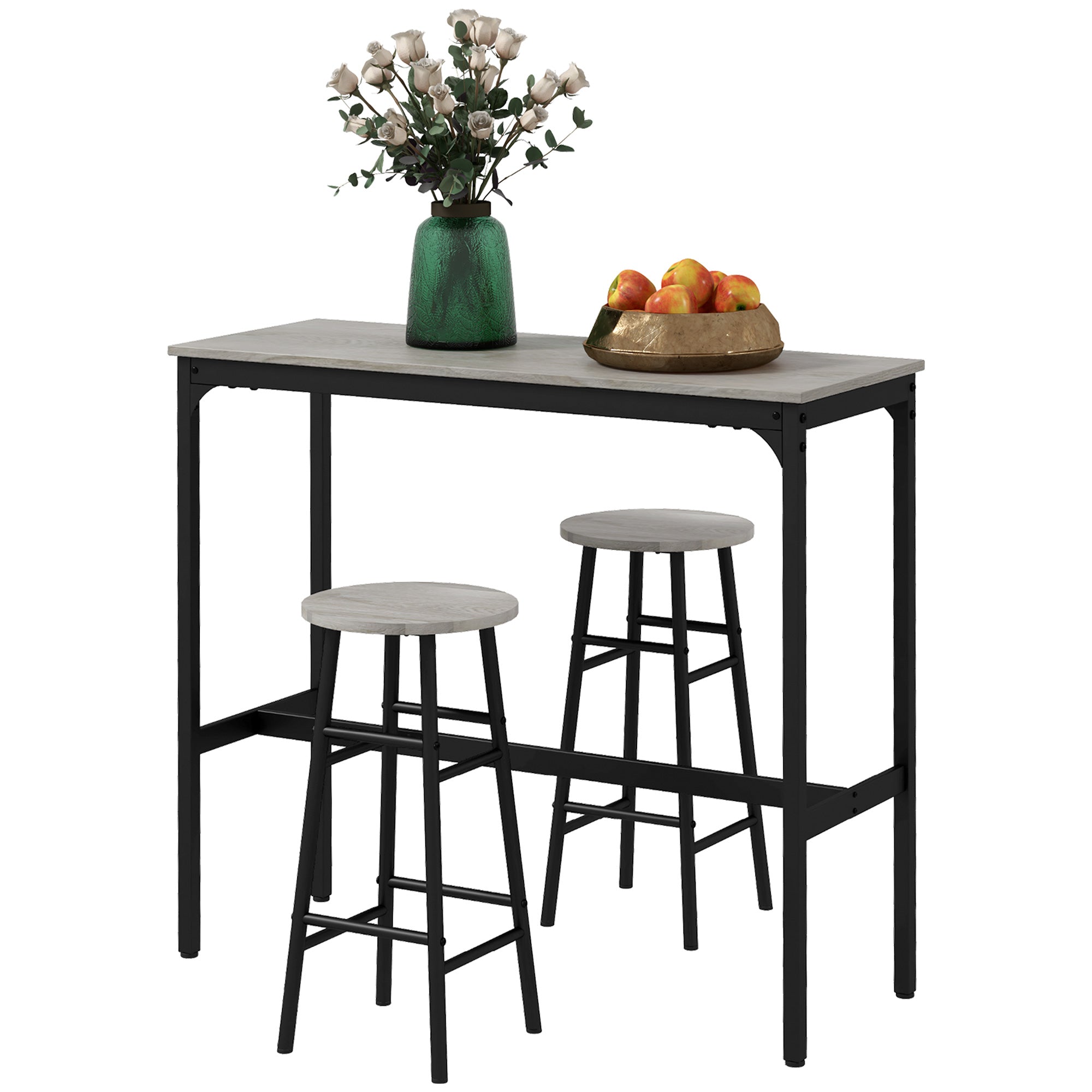 HOMCOM 3 Piece Bar Table Set with 2 Stools, Industrial Bar Table and Stool Set, Dining Table and Chair Set for Small Space, Grey