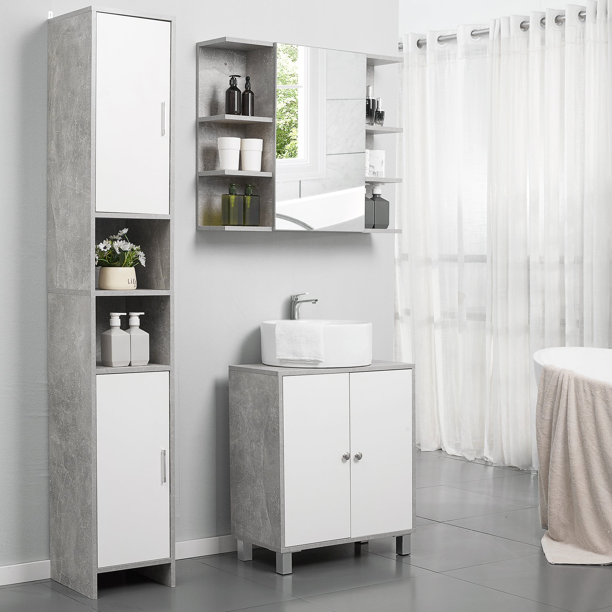 kleankin Medicine Cabinet with Mirror, Cement-Like Contemporary Bathroom Wall Cabinet with 6 Open Shelves, Grey