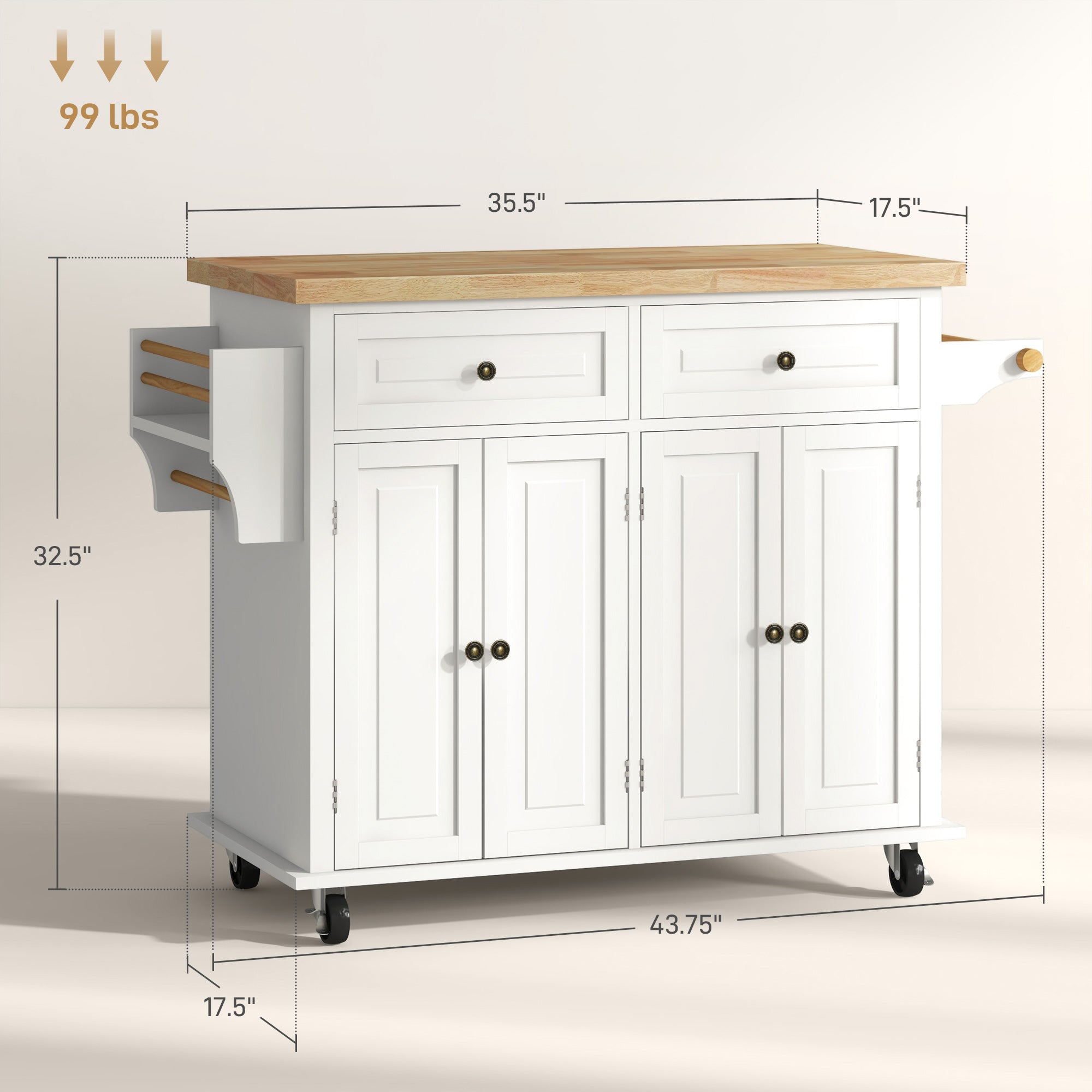 Kitchen Island on Wheels, Rolling Cart w/ Rubberwood Top, Spice Rack & Drawers, Cream White