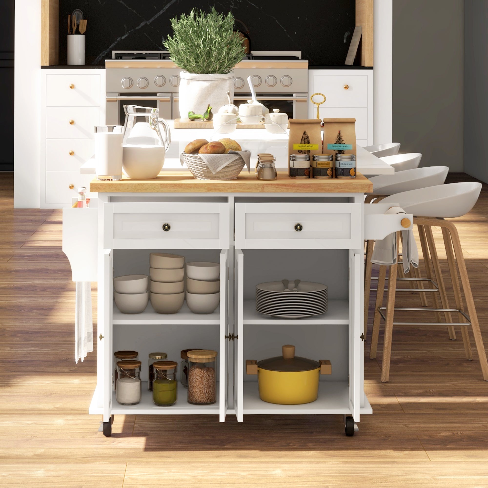Kitchen Island on Wheels, Rolling Cart w/ Rubberwood Top, Spice Rack & Drawers, Cream White