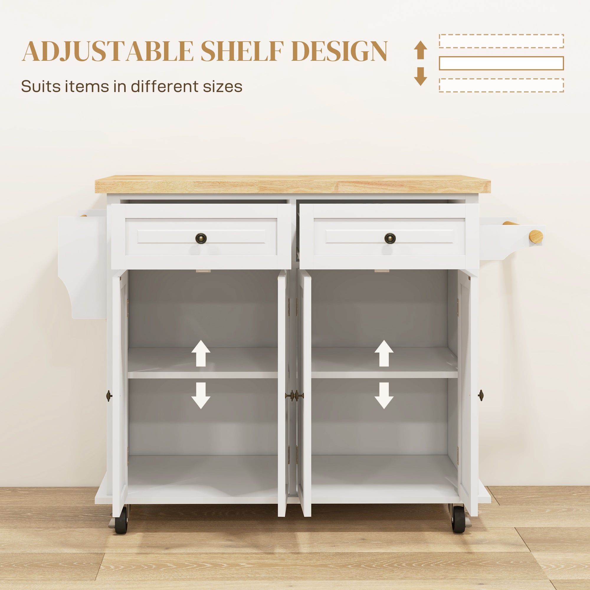 Kitchen Island on Wheels, Rolling Cart w/ Rubberwood Top, Spice Rack & Drawers, Cream White