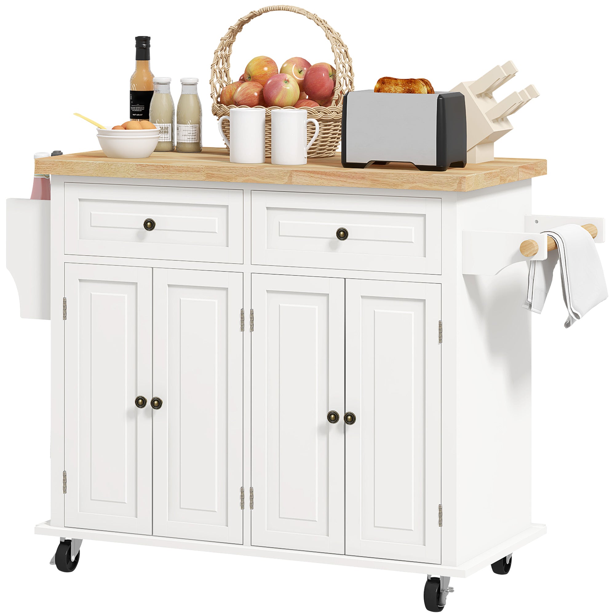Kitchen Island Cart with Rubber Wood Top, Rolling Kitchen Island Table on Wheels with Drawers, Adjustable Shelves, Spice Rack and Towel Rack for Dining Room, Cream White