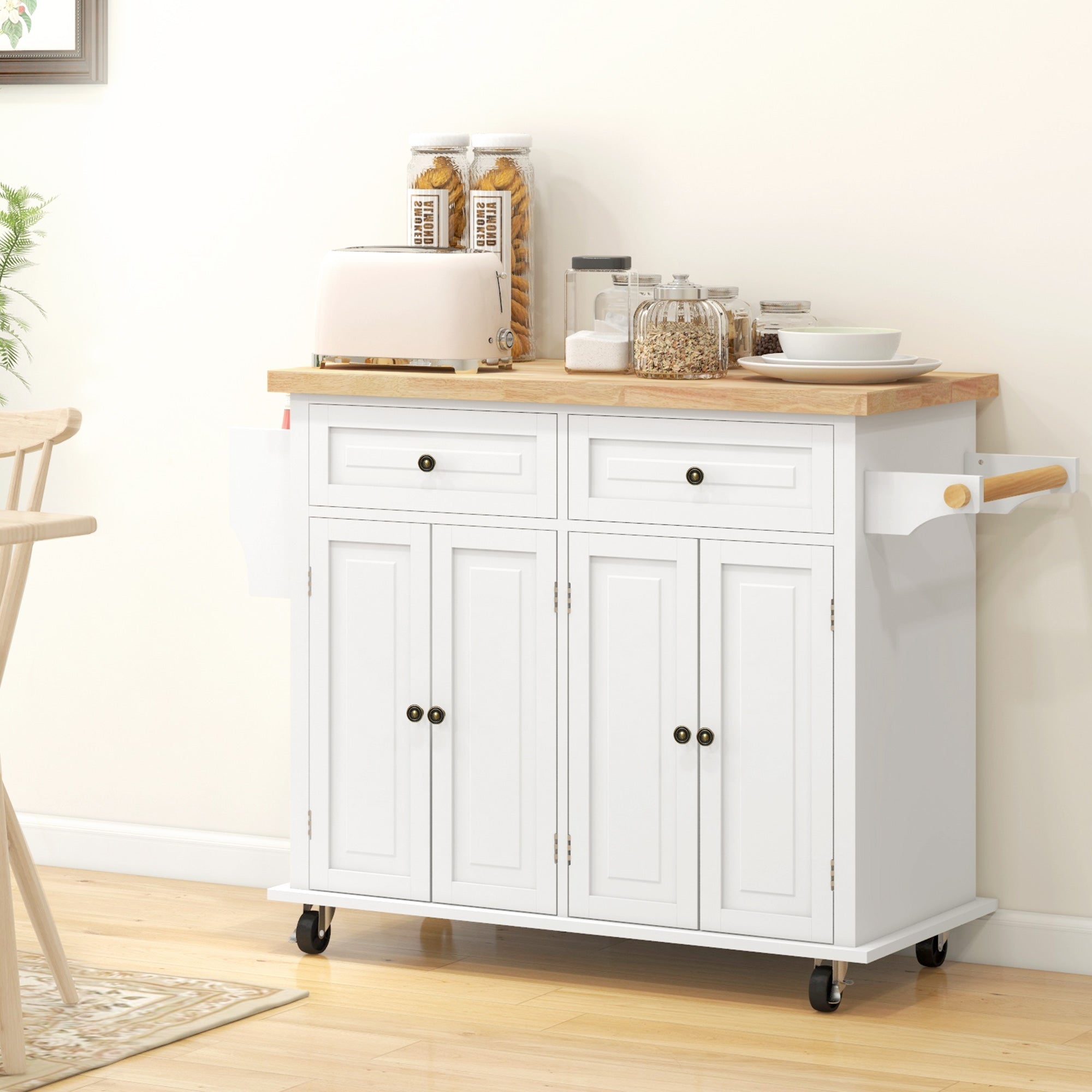 Kitchen Island on Wheels, Rolling Cart w/ Rubberwood Top, Spice Rack & Drawers, Cream White