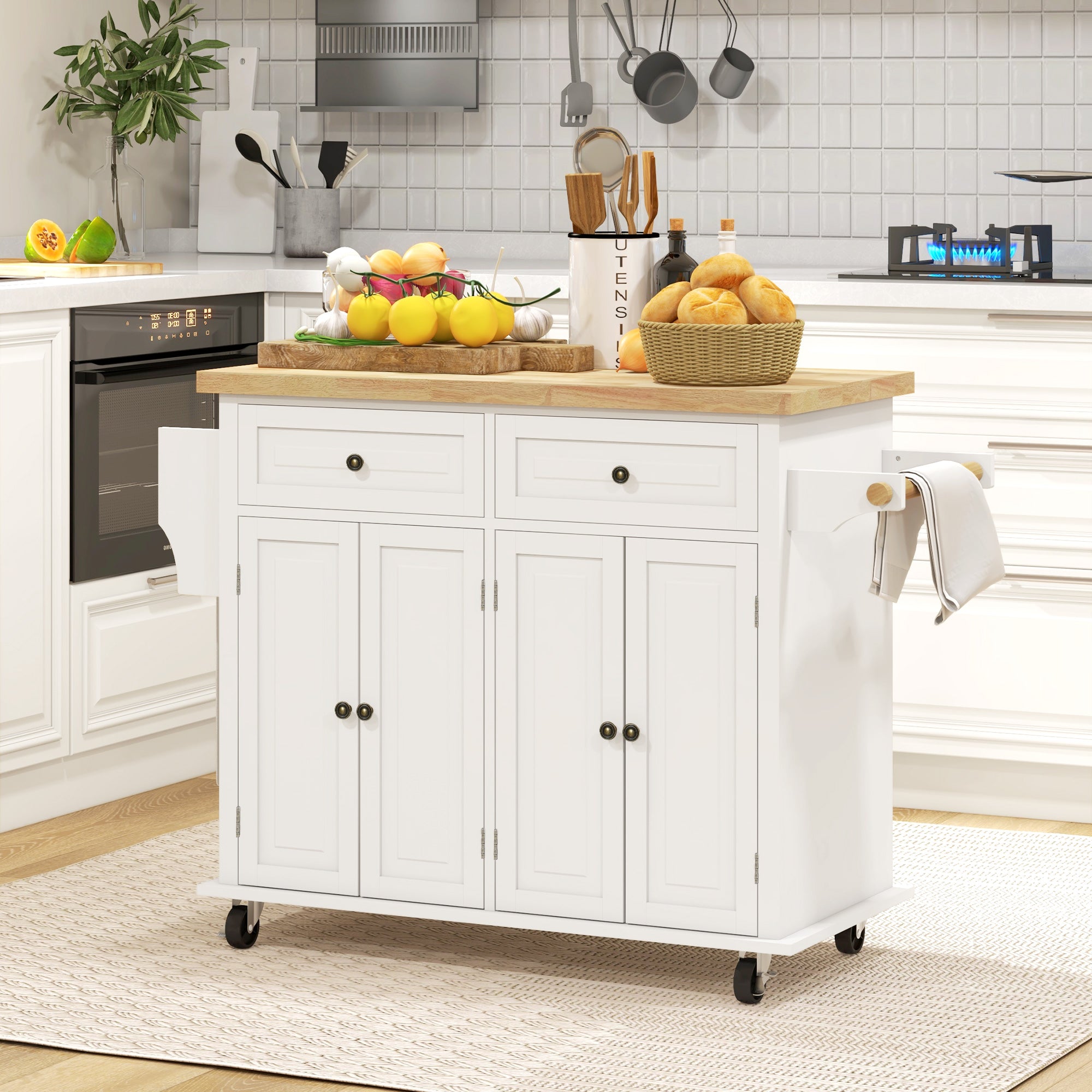 Kitchen Island on Wheels, Rolling Cart w/ Rubberwood Top, Spice Rack & Drawers, Cream White