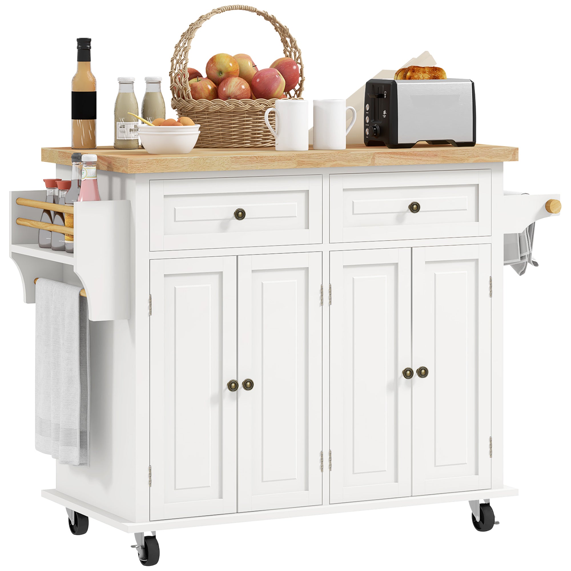 Kitchen Island Cart with Rubber Wood Top, Rolling Kitchen Island Table on Wheels with Drawers, Adjustable Shelves, Spice Rack and Towel Rack for Dining Room, Cream White