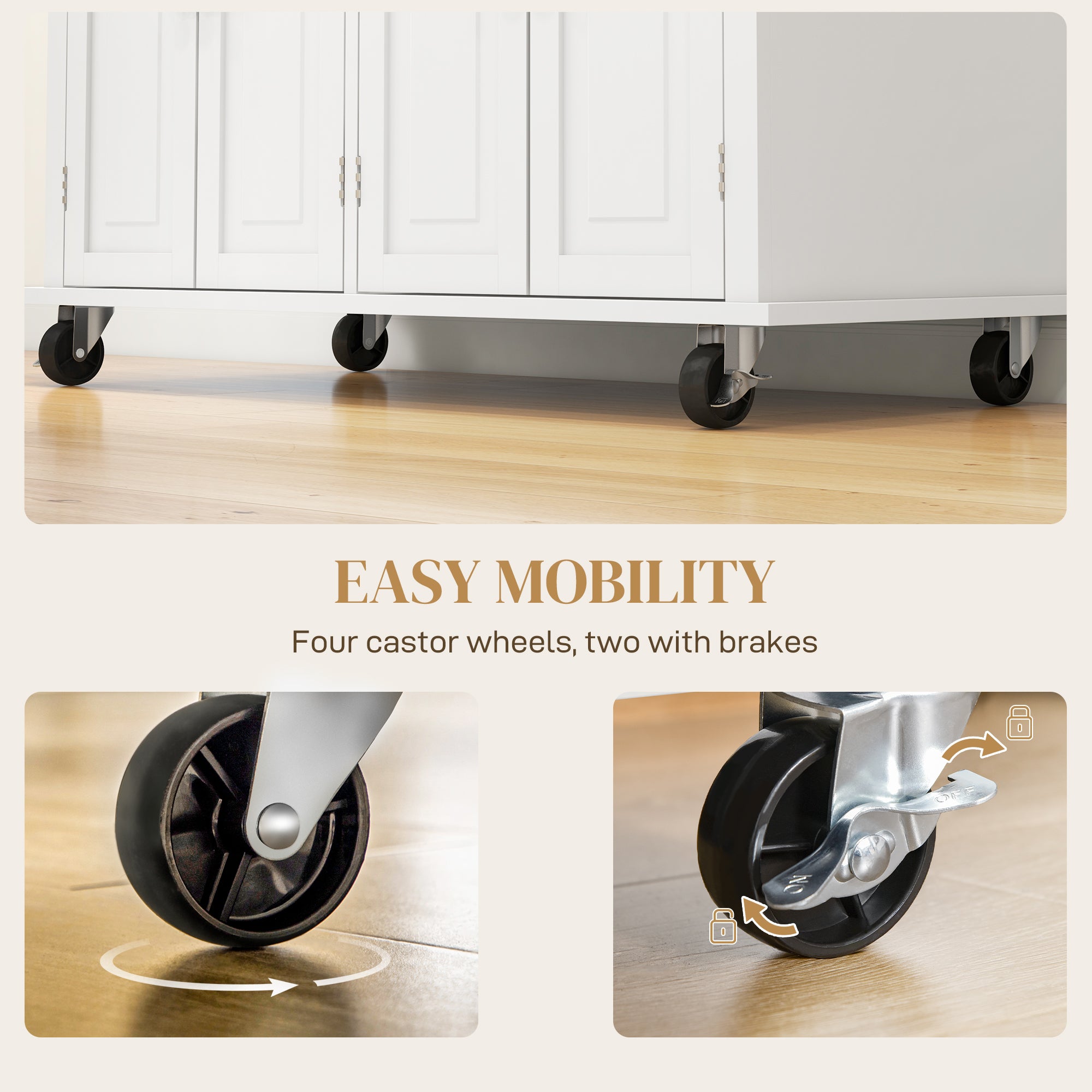 Kitchen Island on Wheels, Rolling Cart w/ Rubberwood Top, Spice Rack & Drawers, Cream White