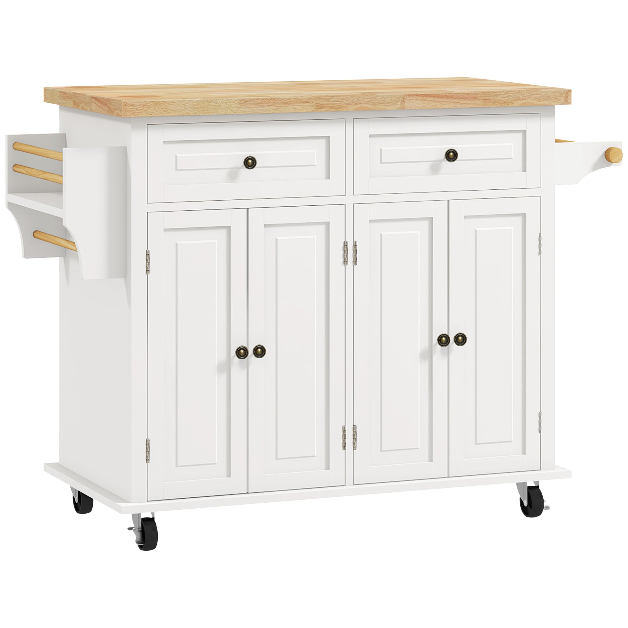 Kitchen Island Cart with Rubber Wood Top, Rolling Kitchen Island Table on Wheels with Drawers, Adjustable Shelves, Spice Rack and Towel Rack for Dining Room, Cream White