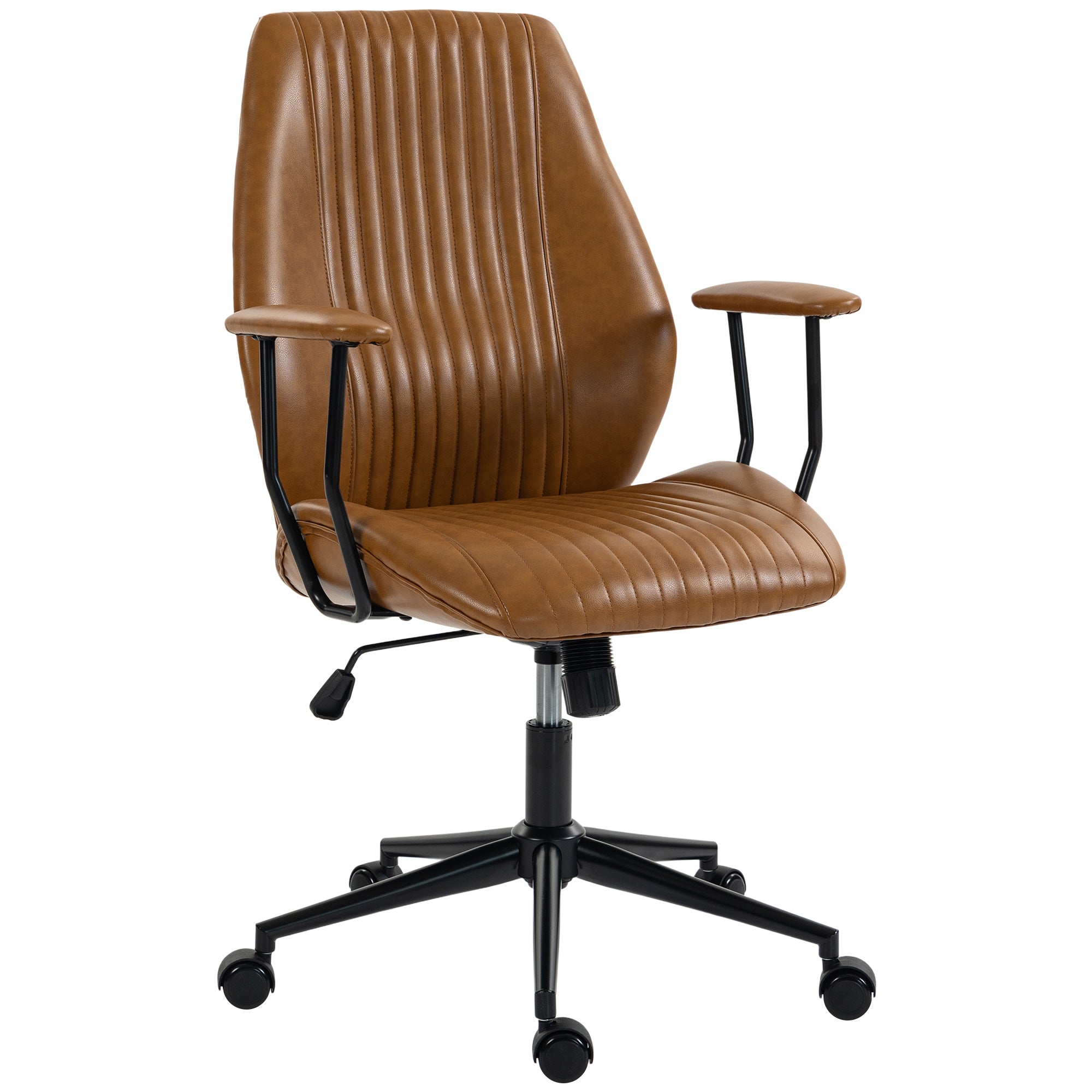 Home Office Desk Chair, PU Leather Computer Chair with Padded Arms, Mid Back, 360° Swivel, Adjustable Height, Tilt Function, Rolling Wheels, Vintage Style for Task, Study, Work, Brown