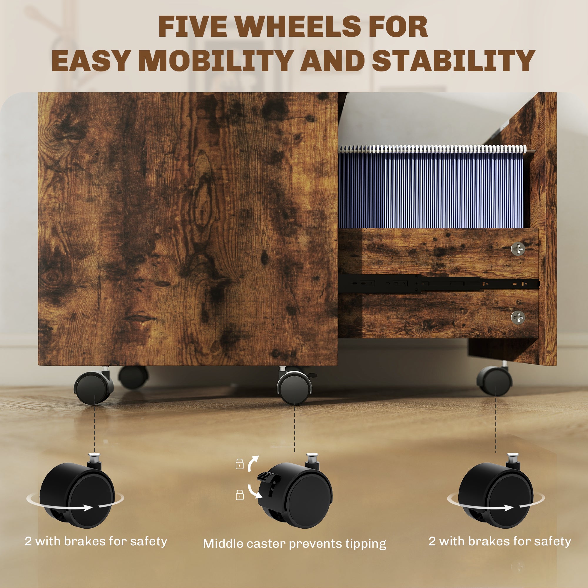 Mobile File Cabinet with Wheels and Lock, 2 Drawer Under Desk Office Cabinet, Adjustable A4 and Letter Hanging Bars, Black and Rustic Brown