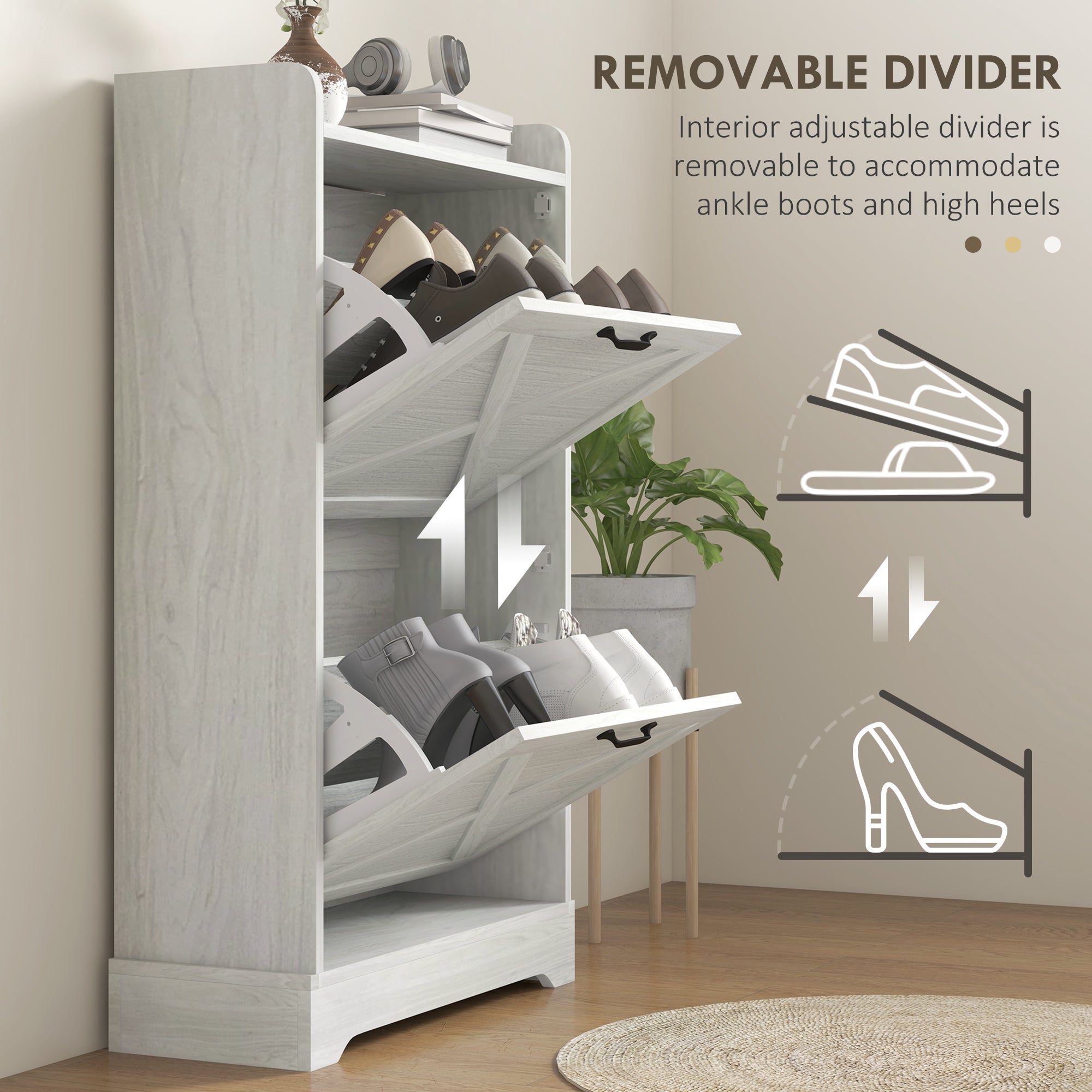 HOMCOM Slim Shoe Cabinet for Entryway, Farmhouse Shoe Storage Cabinet with 2 Flip Drawers and Adjustable Shelves for 8 Pairs of Shoes, Distressed White