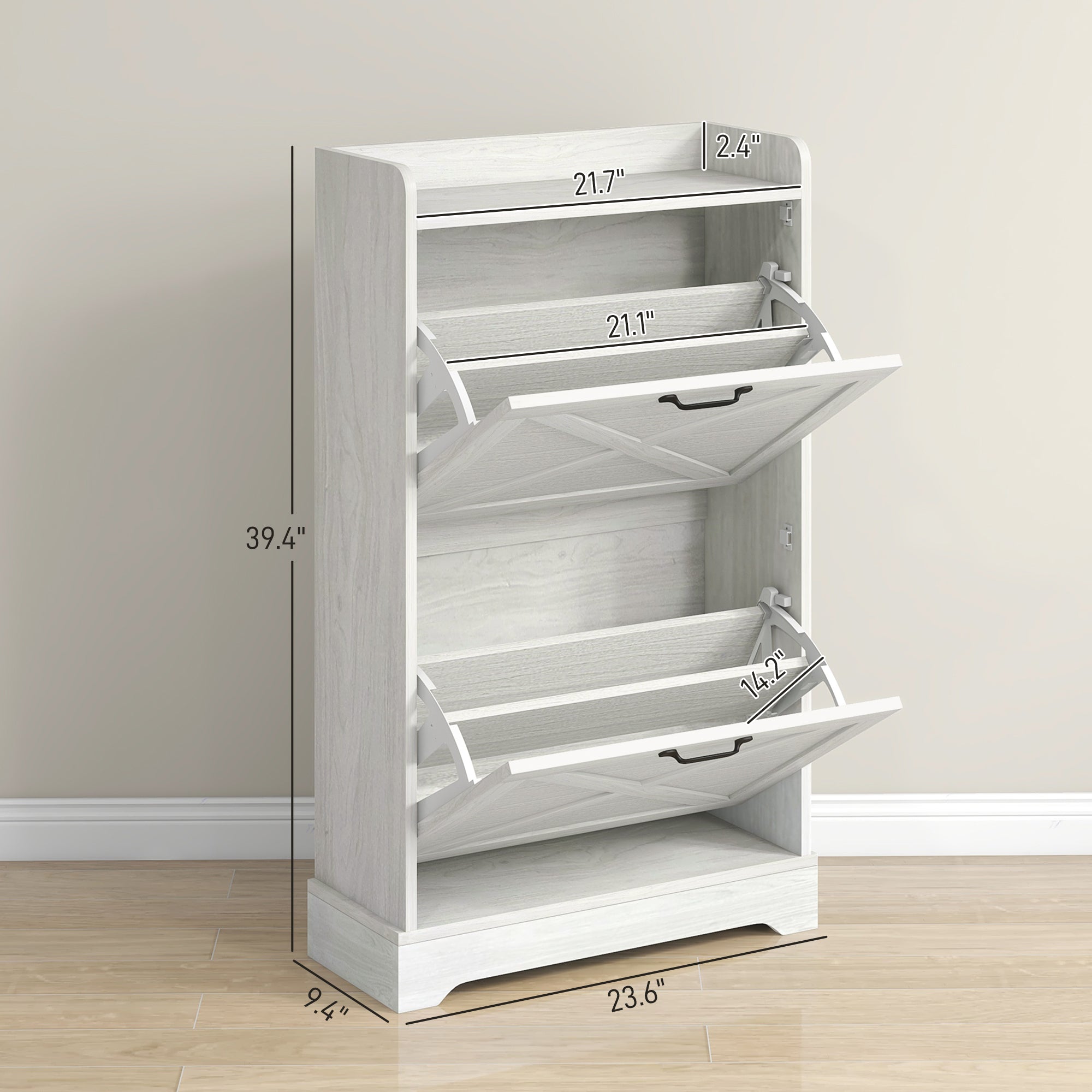 Slim Shoe Storage Cabinet w/ 2 Drawers & Adjustable Shelves for 8 Pairs, Distressed White