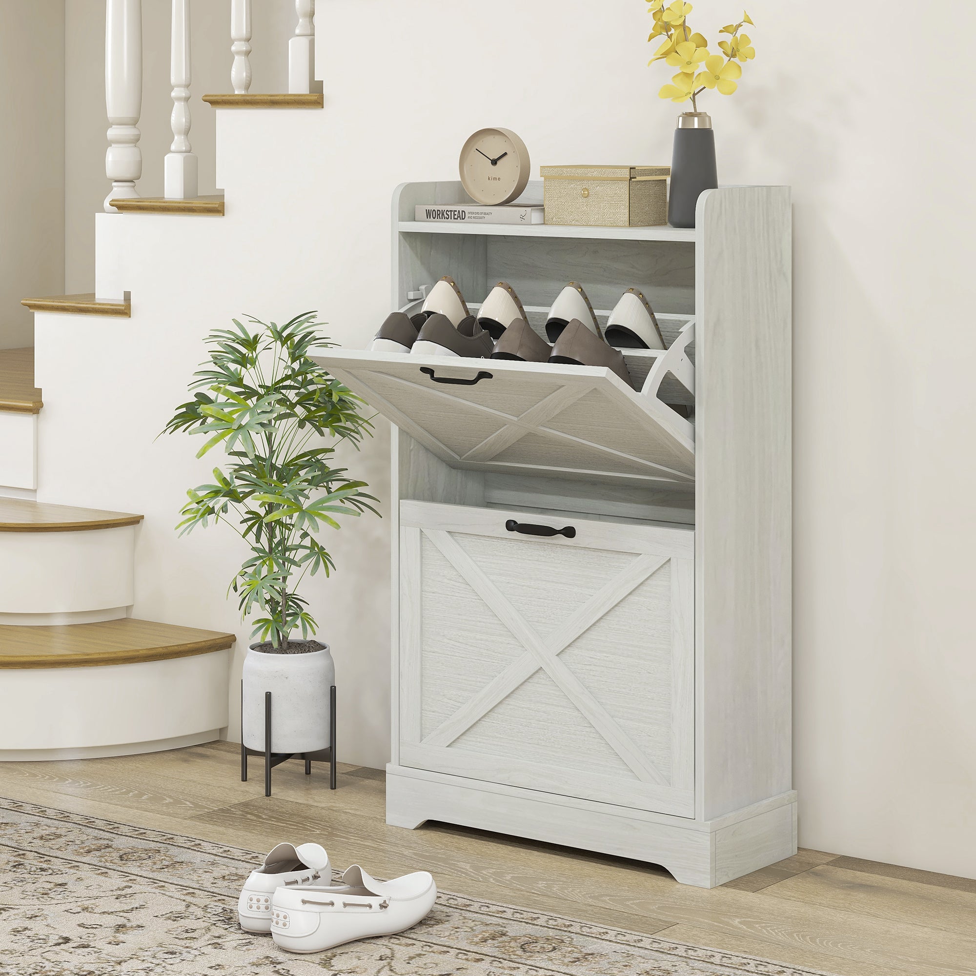 HOMCOM Slim Shoe Cabinet for Entryway, Farmhouse Shoe Storage Cabinet with 2 Flip Drawers and Adjustable Shelves for 8 Pairs of Shoes, Distressed White