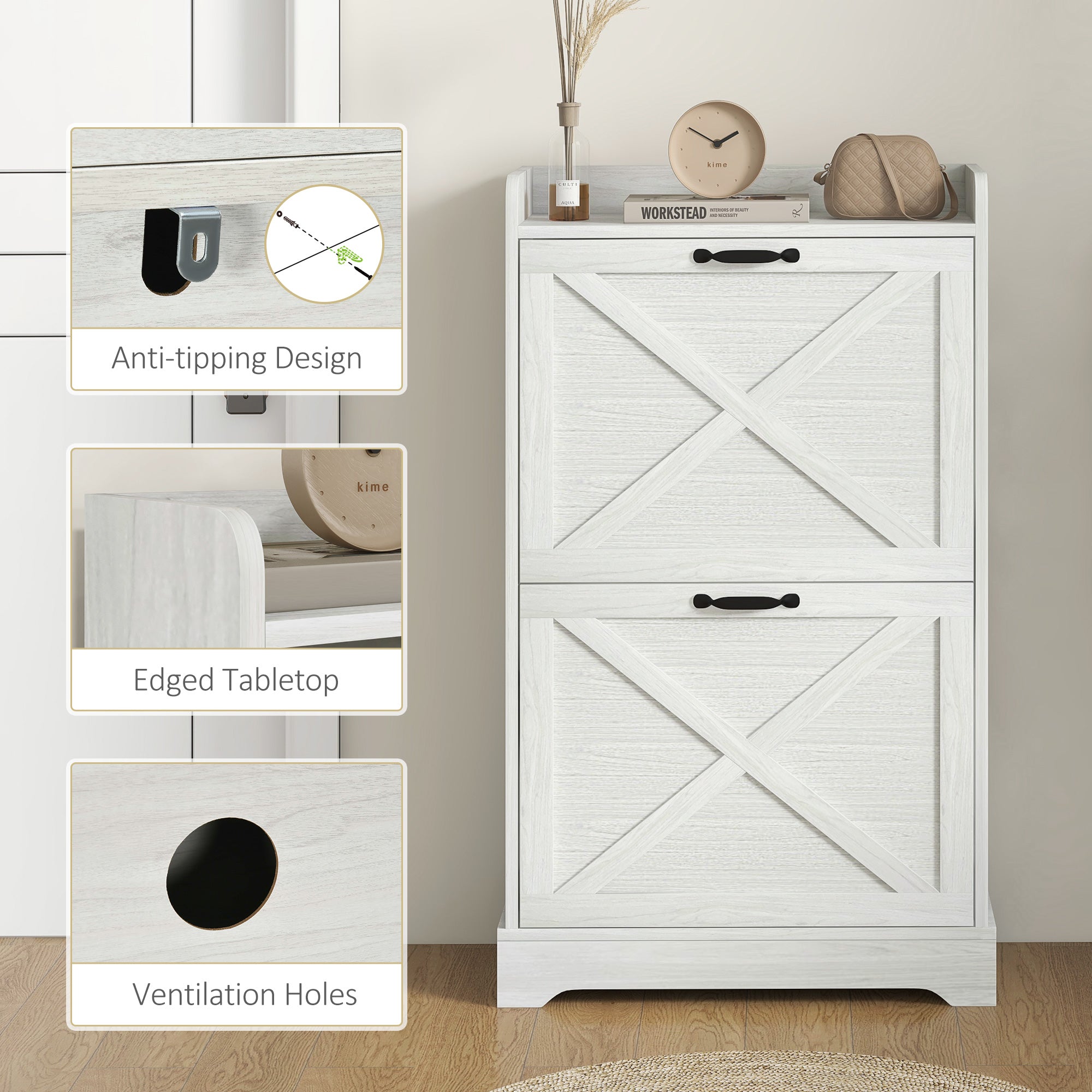 HOMCOM Slim Shoe Cabinet for Entryway, Farmhouse Shoe Storage Cabinet with 2 Flip Drawers and Adjustable Shelves for 8 Pairs of Shoes, Distressed White