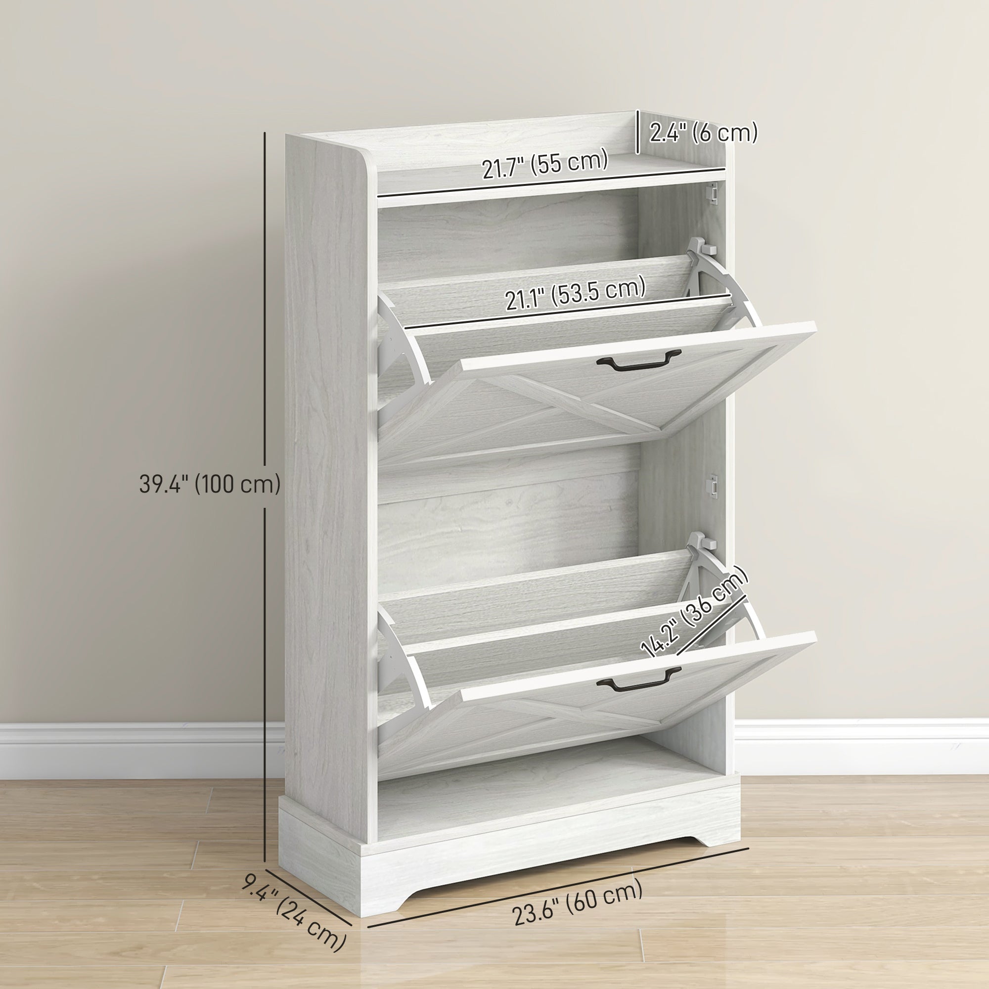 HOMCOM Slim Shoe Cabinet for Entryway, Farmhouse Shoe Storage Cabinet with 2 Flip Drawers and Adjustable Shelves for 8 Pairs of Shoes, Distressed White
