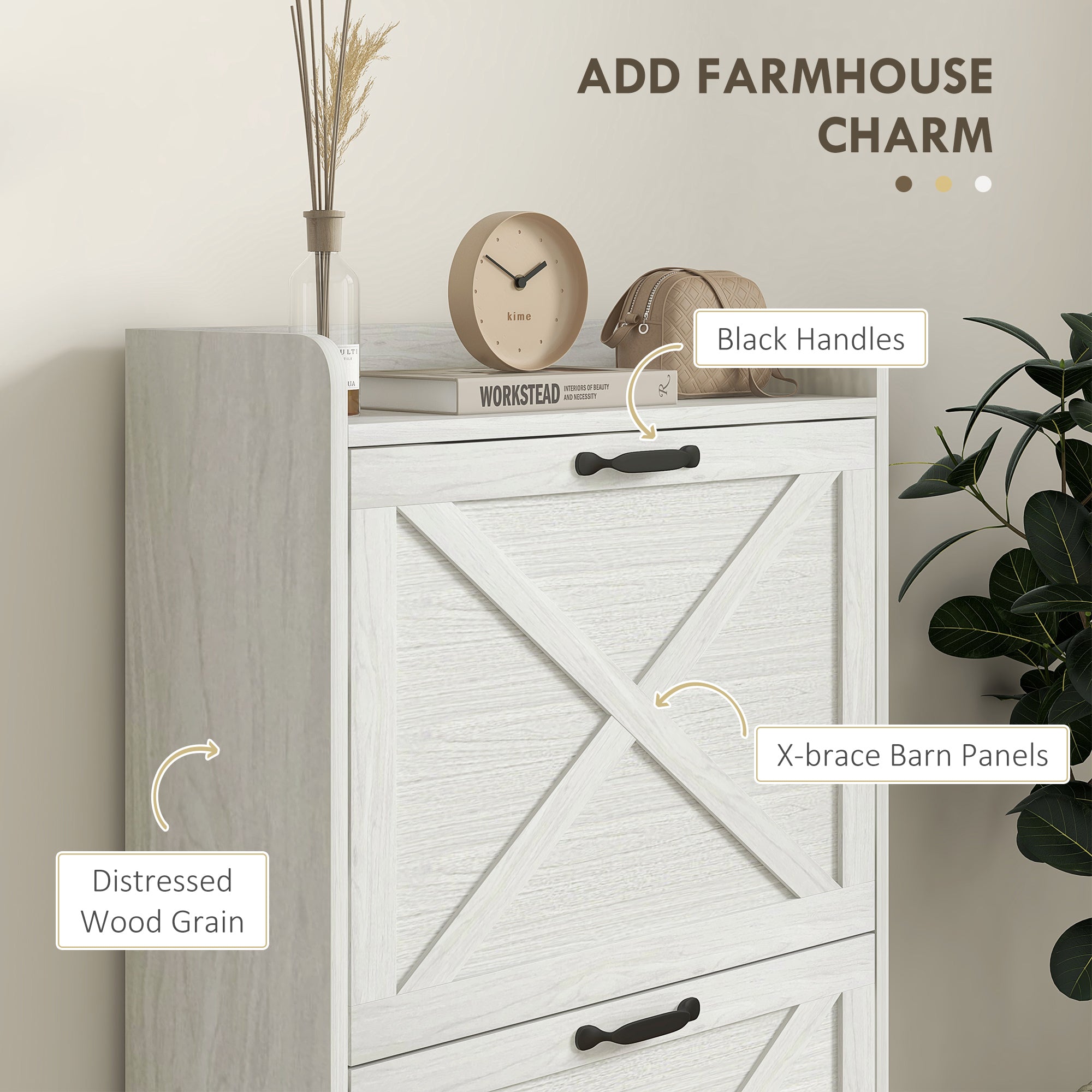 HOMCOM Slim Shoe Cabinet for Entryway, Farmhouse Shoe Storage Cabinet with 2 Flip Drawers and Adjustable Shelves for 8 Pairs of Shoes, Distressed White