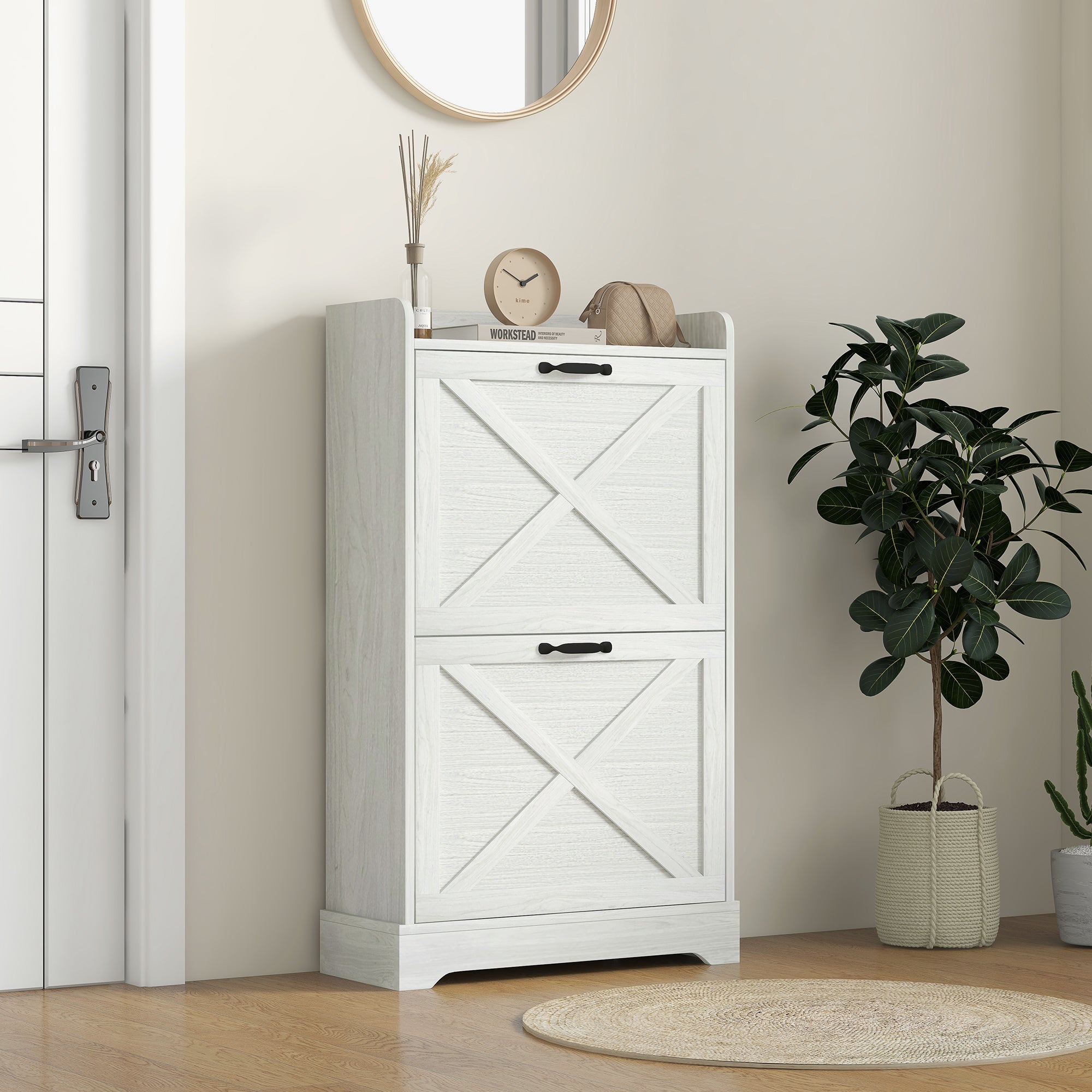 HOMCOM Slim Shoe Cabinet for Entryway, Farmhouse Shoe Storage Cabinet with 2 Flip Drawers and Adjustable Shelves for 8 Pairs of Shoes, Distressed White