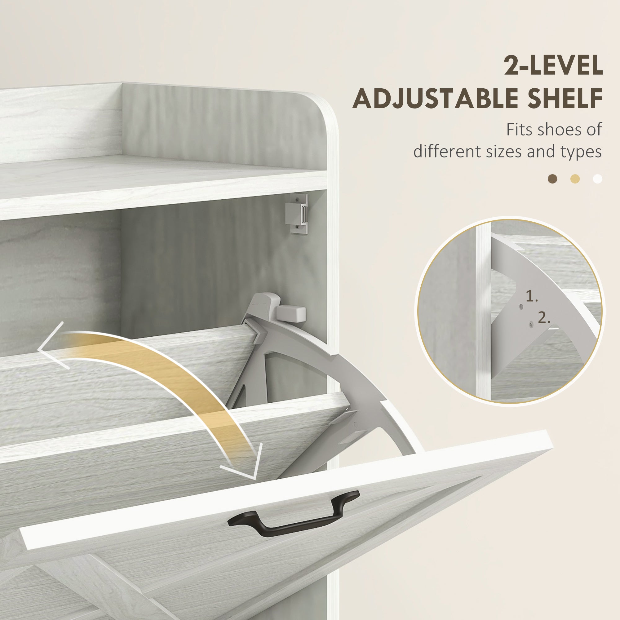 Slim Shoe Storage Cabinet w/ 2 Drawers & Adjustable Shelves for 8 Pairs, Distressed White