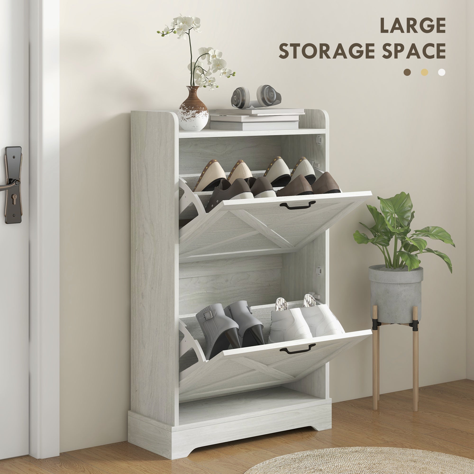 HOMCOM Slim Shoe Cabinet for Entryway, Farmhouse Shoe Storage Cabinet with 2 Flip Drawers and Adjustable Shelves for 8 Pairs of Shoes, Distressed White