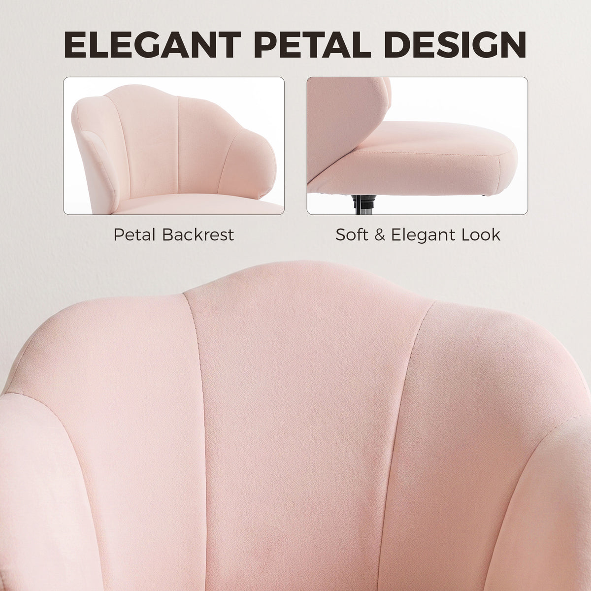 Petal Office Chair with Swivel Wheels, Task Desk Chair with Wide Seat, Velvet, Adjustable Height, Rocking, for Home Office or Makeup Vanity, Pink