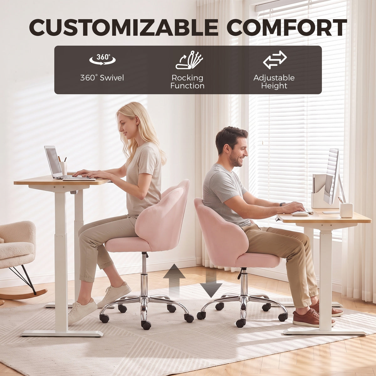 Petal Office Chair with Swivel Wheels, Task Desk Chair with Wide Seat, Velvet, Adjustable Height, Rocking, for Home Office or Makeup Vanity, Pink