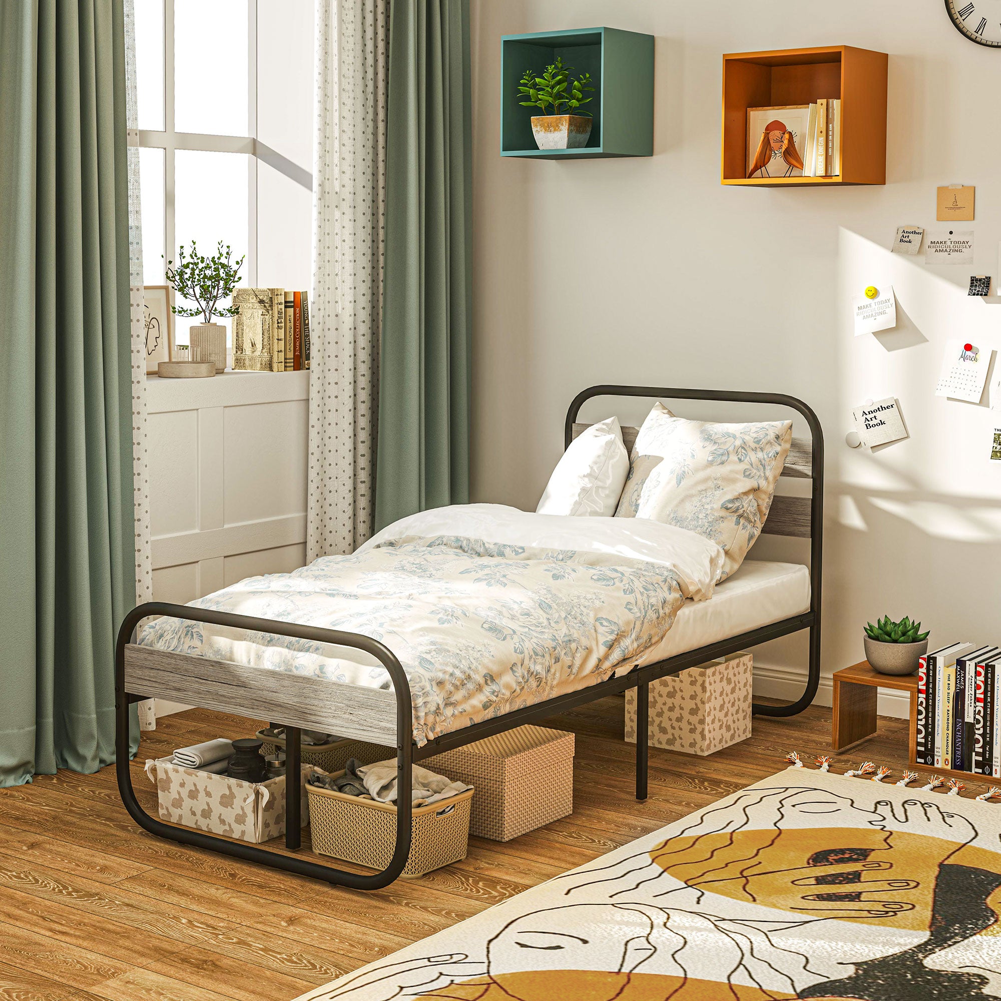 HOMCOM 3ft Single Bed Frame, Industrial Style Metal Platform Bed Frame with Under Bed Storage, No Box Spring Needed, Easy Assembly, Grey