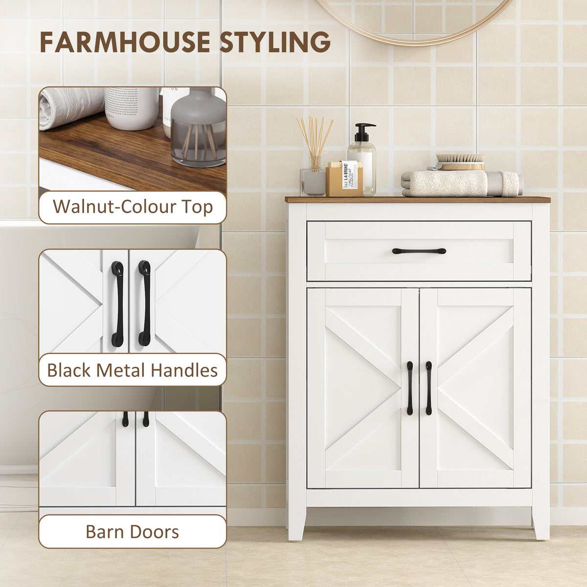 Bathroom Cabinet, Farmhouse Bathroom Storage Cabinet with Barn Doors, Drawer and Adjustable Shelf, White