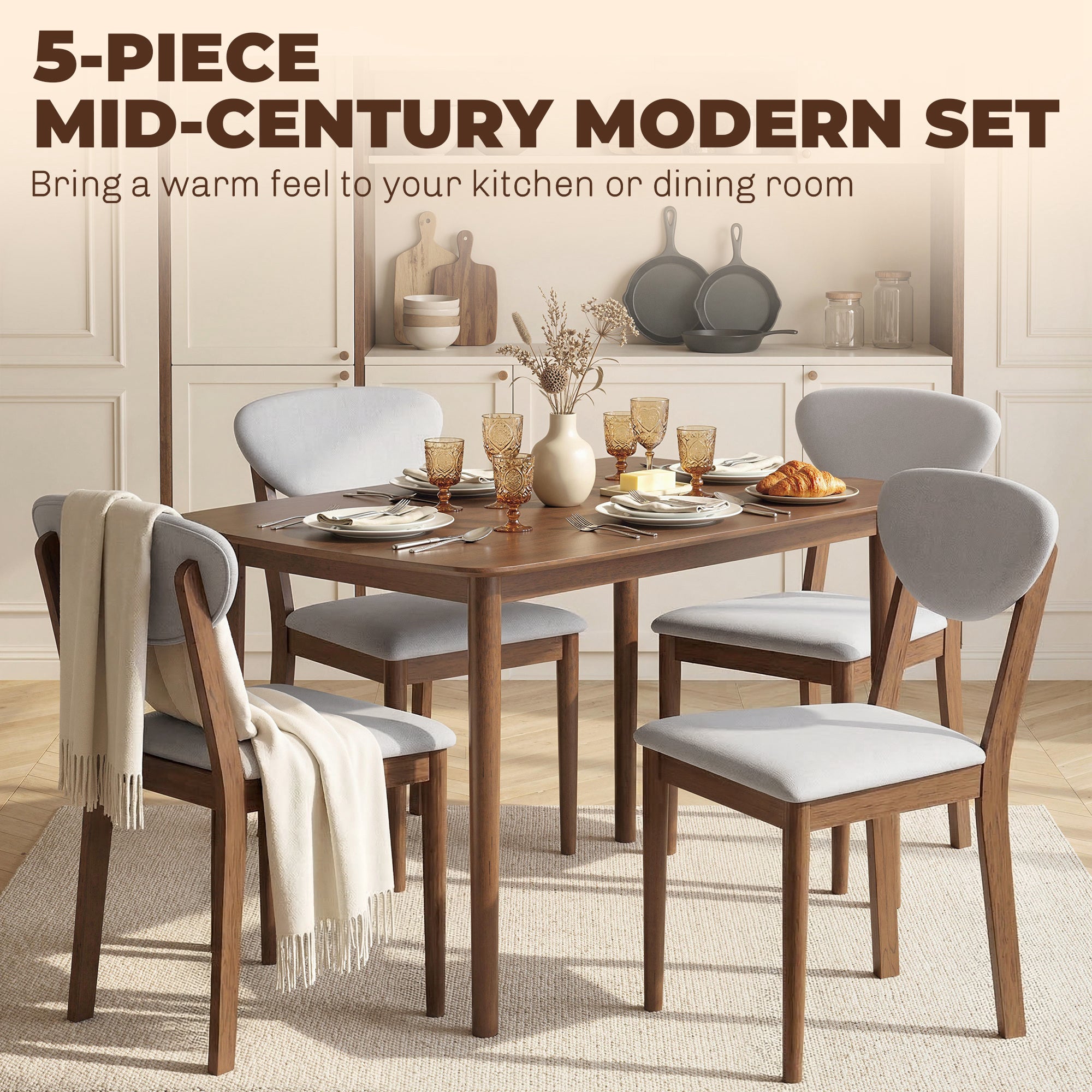 5-Piece Dining Table Set for 4, Mid-Century Modern Kitchen Table and Chairs with Padded Seats and Backrests, Solid Wood Frame for Small Space, Dining Room, Living Room, Light Gray
