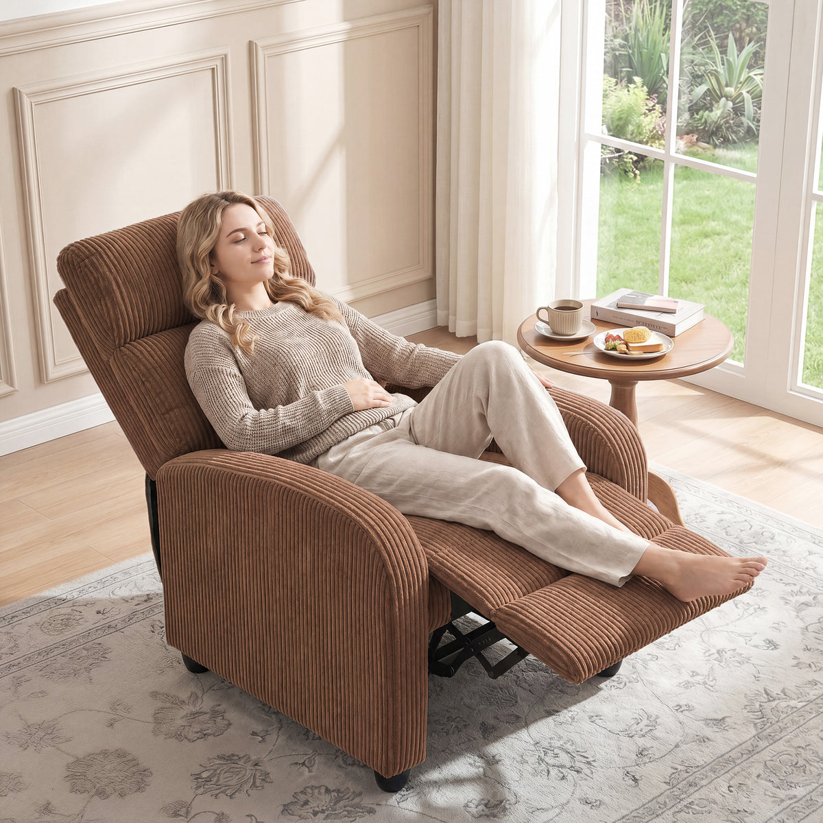 Push Back Recliner Chair, Corduroy Home Theater Seating, Single Reclining Sofa Chair with Padded Seat for Living Room, Brown