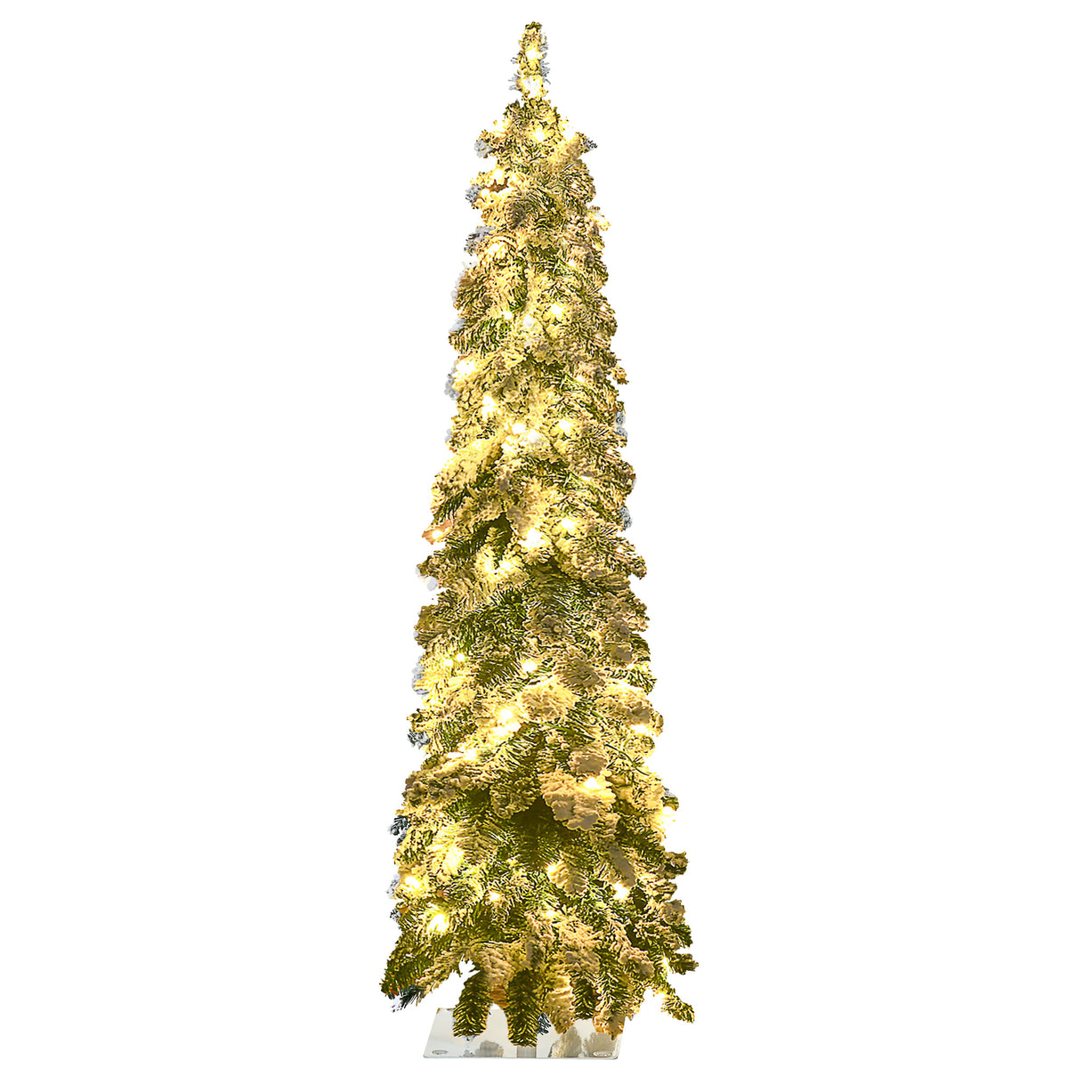 4ft Tall Prelit Pencil Artificial Christmas Tree Holiday Décor with 225 Snow Flocked Branches, 100 Warm White or Colorful LED Lights, Downswept Shape